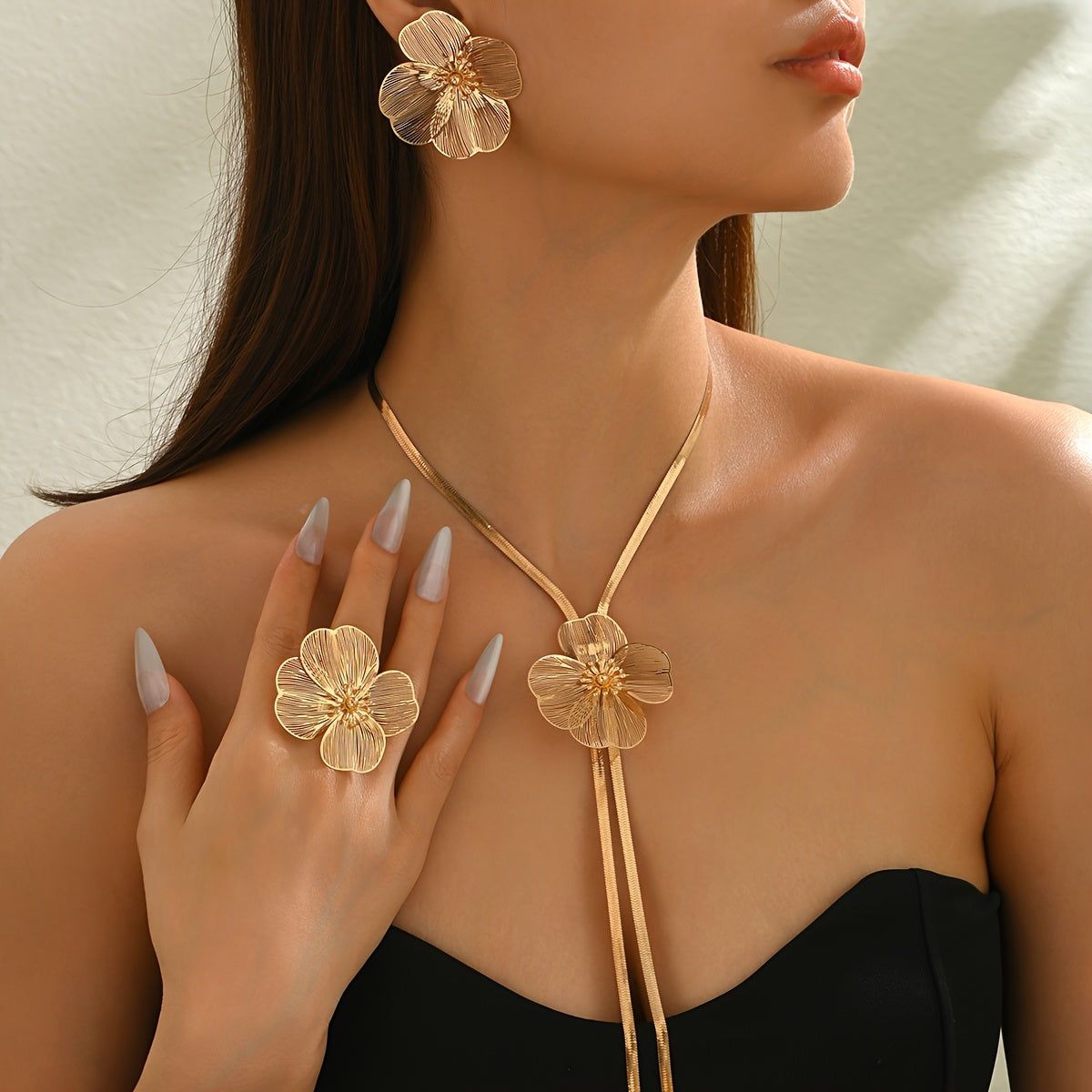 Ensemble Bijoux Élégant 4pcs - Collier, Boucles d'Oreilles, Anneau   OAXG Golden