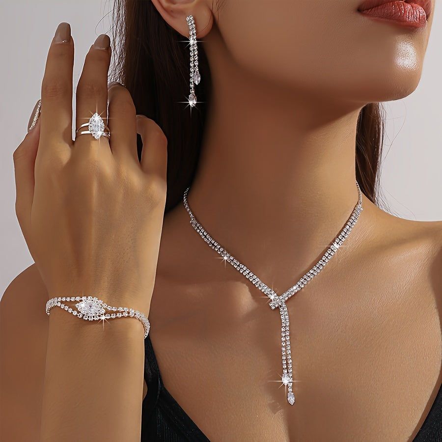 Ensemble Boucles d'Oreilles et Collier Teardrop – Avec Strass Éclatants   OAXG Silvery