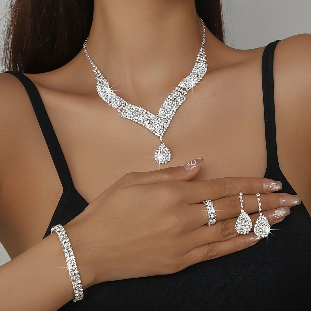 Ensemble de Bijoux de Mariée Luxe - Collier, Bracelet, Bague, Boucles d'Oreilles   OAXG Silvery