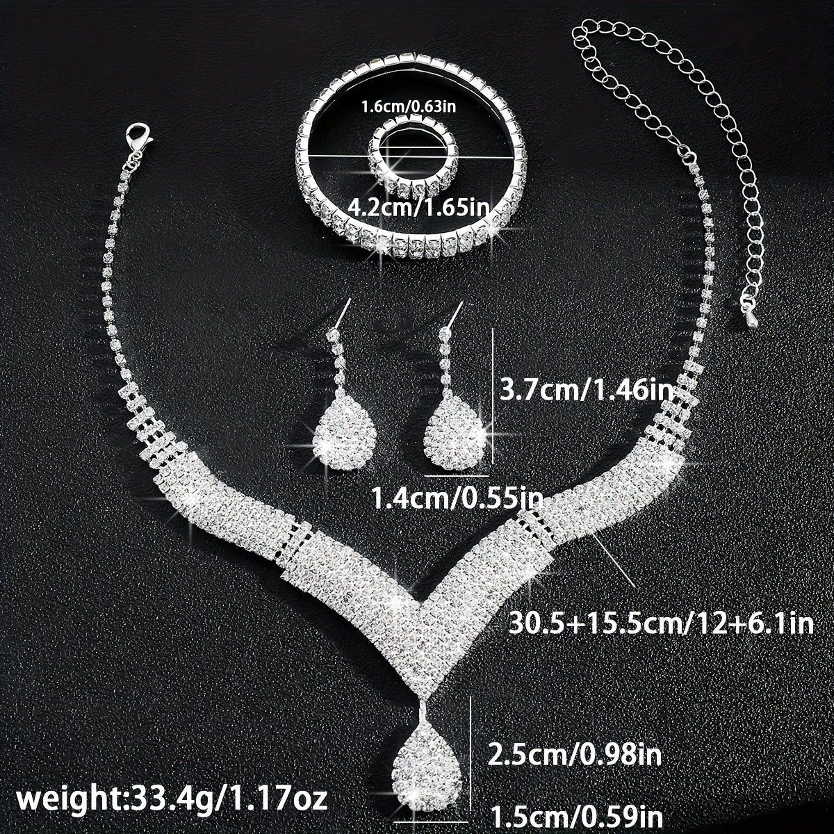 Ensemble de Bijoux de Mariée Luxe - Collier, Bracelet, Bague, Boucles d'Oreilles   OAXG Silvery