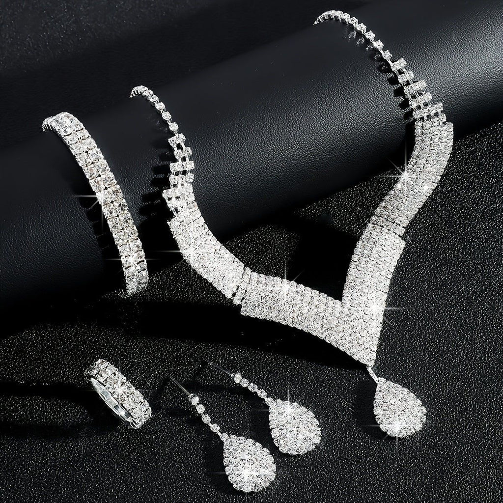 Ensemble de Bijoux de Mariée Luxe - Collier, Bracelet, Bague, Boucles d'Oreilles   OAXG Silvery