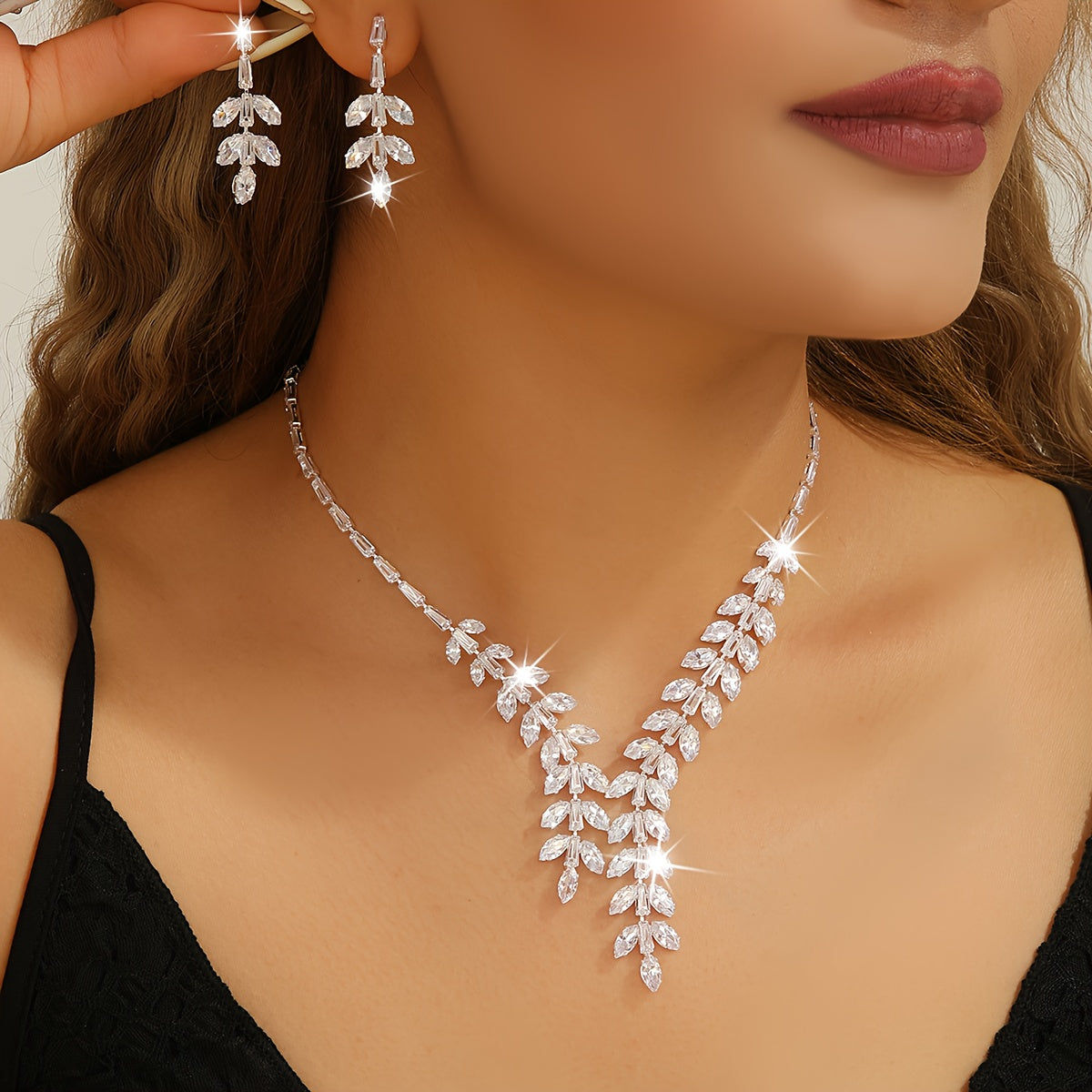 Ensemble de Bijoux Femme 3pcs - Zircon en Feuille Élégante   OAXG 