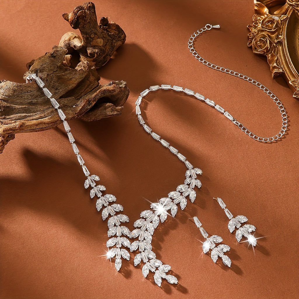 Ensemble de Bijoux Femme 3pcs - Zircon en Feuille Élégante   OAXG Silvery