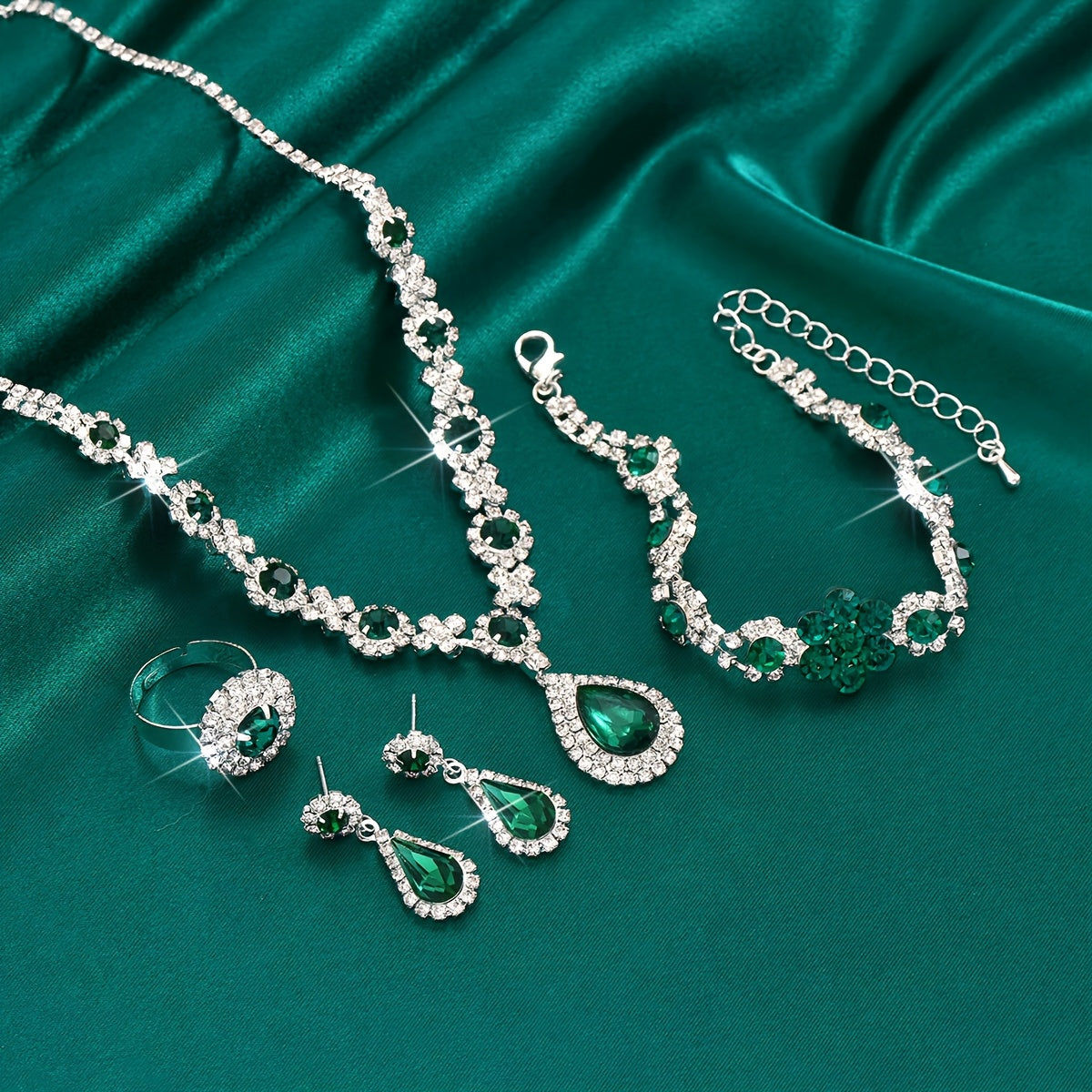 Ensemble de Bijoux Élégant 4 pcs - Collier, Boucles d'oreilles, Bracelet, Bague   OAXG Green