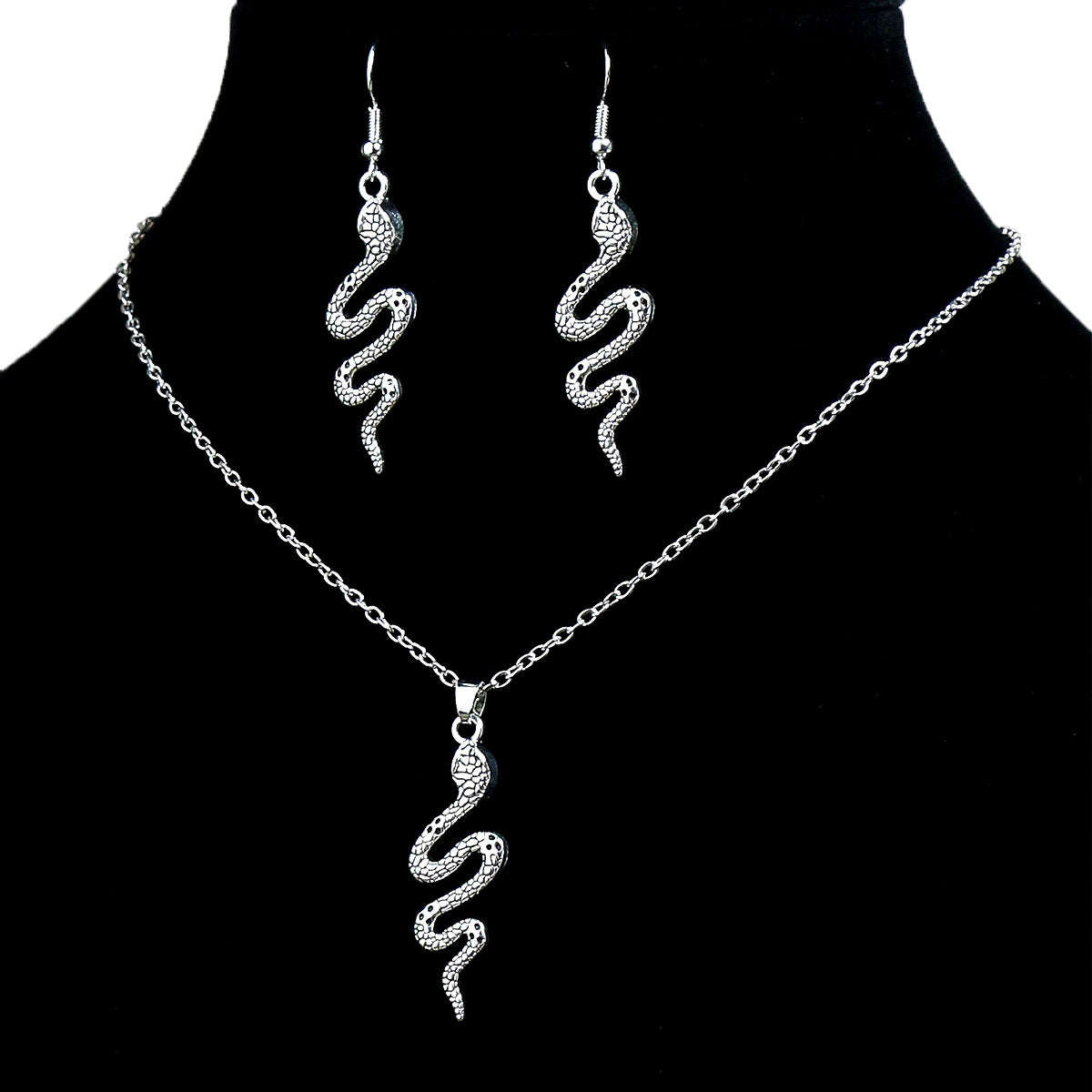 Ensemble de Bijoux Vintage - Boucles d'Oreilles et Collier Serpent Élégant   OAXG #1 Antique Silvery 3pcs Set