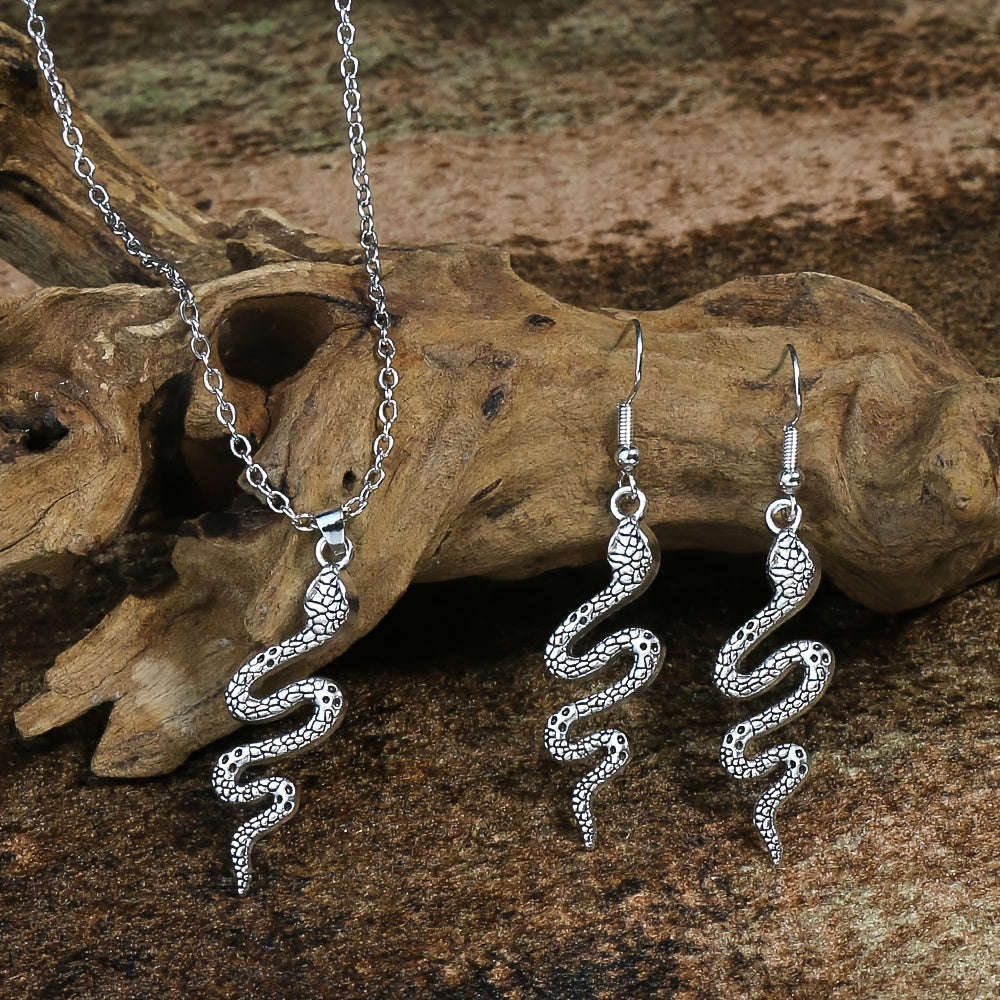 Ensemble de Bijoux Vintage - Boucles d'Oreilles et Collier Serpent Élégant   OAXG #1 Antique Silvery 3pcs Set