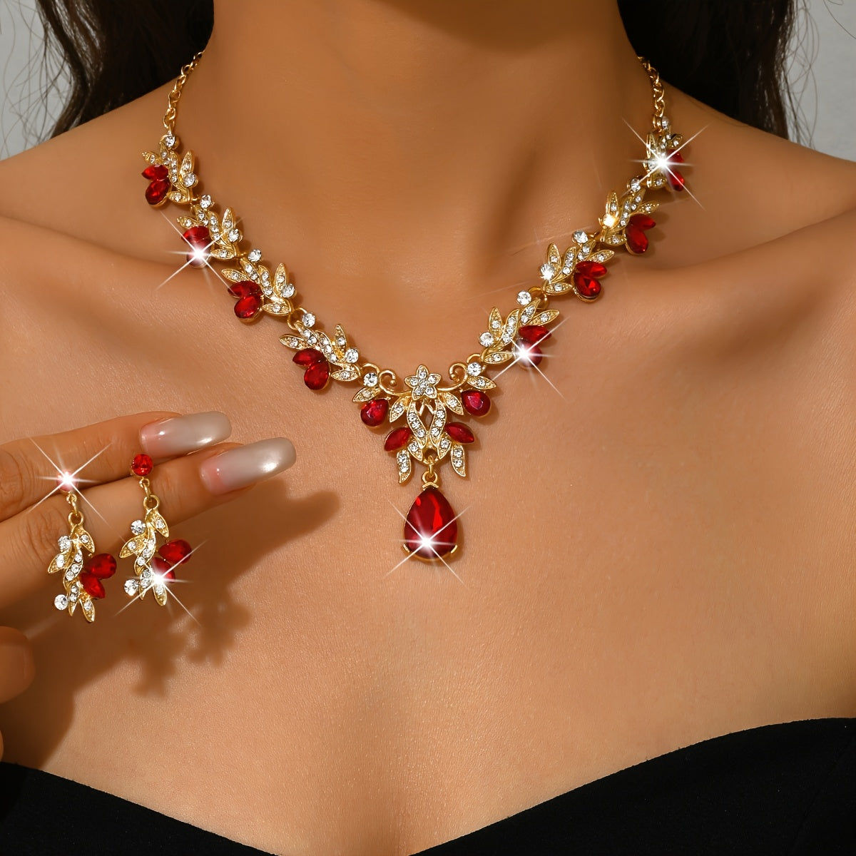 Ensemble de Mariage Élégant en Alliage - Collier et Boucles d'Oreilles   OAXG Golden Black / 1422-HB