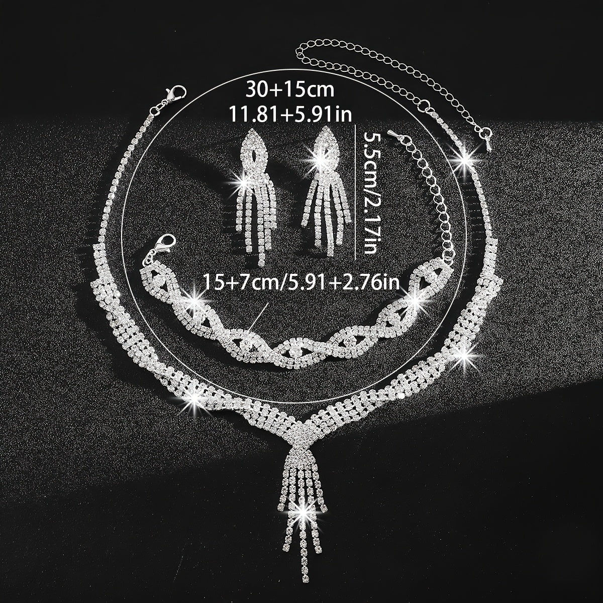 Ensemble Luxueux: Collier, Bracelet et Boucles d'Oreilles en Rhinestones   OAXG Three-piece Set Of Necklace, Bracelet And Earrings