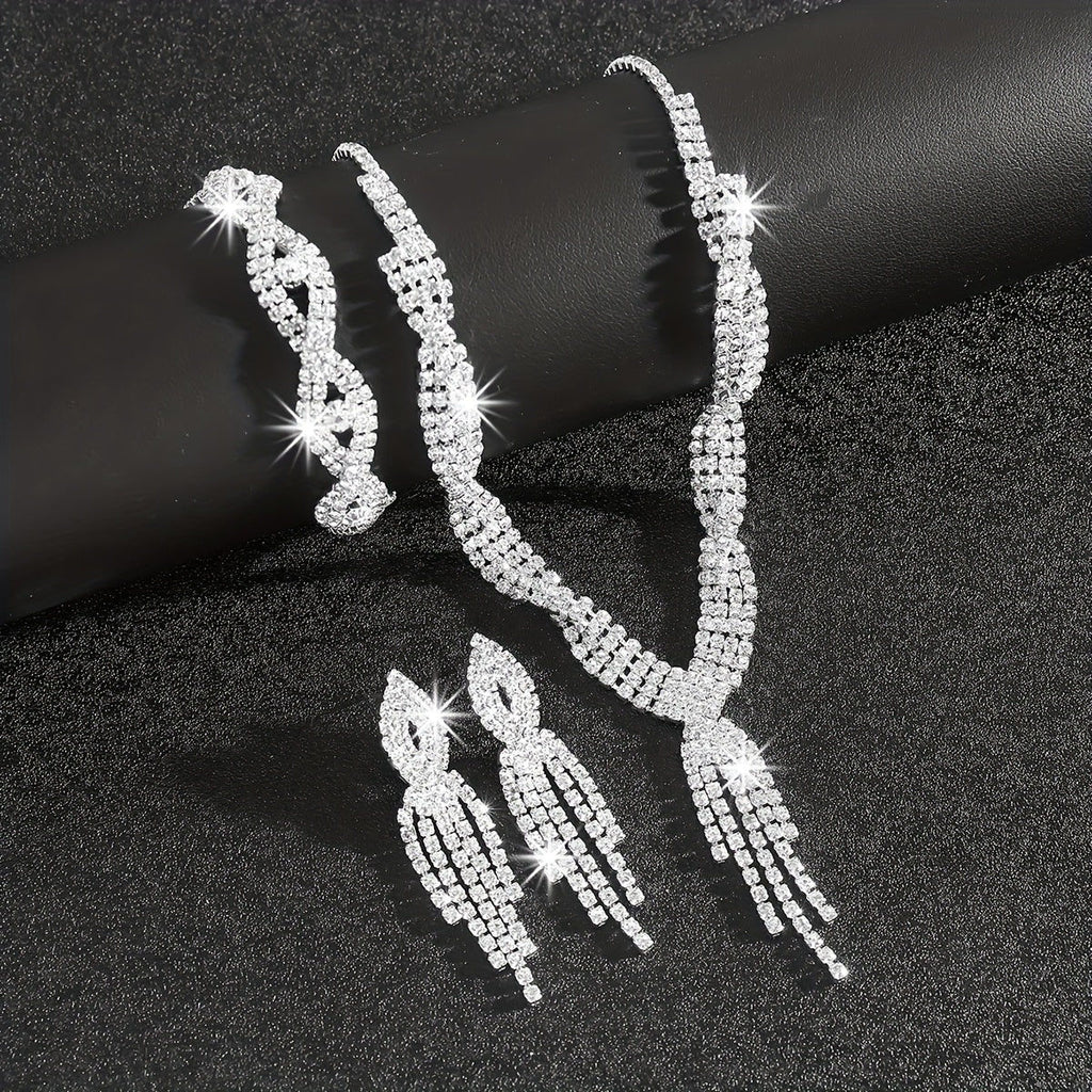Ensemble Luxueux: Collier, Bracelet et Boucles d'Oreilles en Rhinestones   OAXG Three-piece Set Of Necklace, Bracelet And Earrings