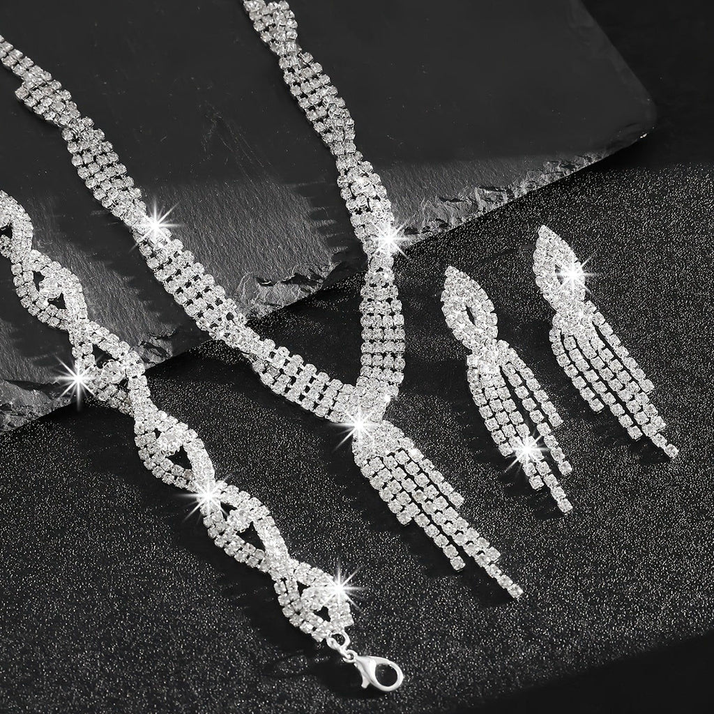 Ensemble Luxueux: Collier, Bracelet et Boucles d'Oreilles en Rhinestones   OAXG Three-piece Set Of Necklace, Bracelet And Earrings