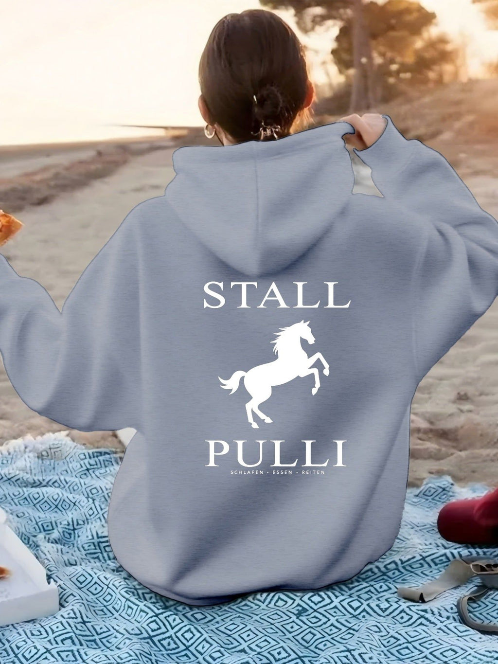 Equine Leap Pattern with "STALL PULLI" Text. Women'S Fashion Casual Athletic Hoodie, Back Print   OAXG Dark Green / XS