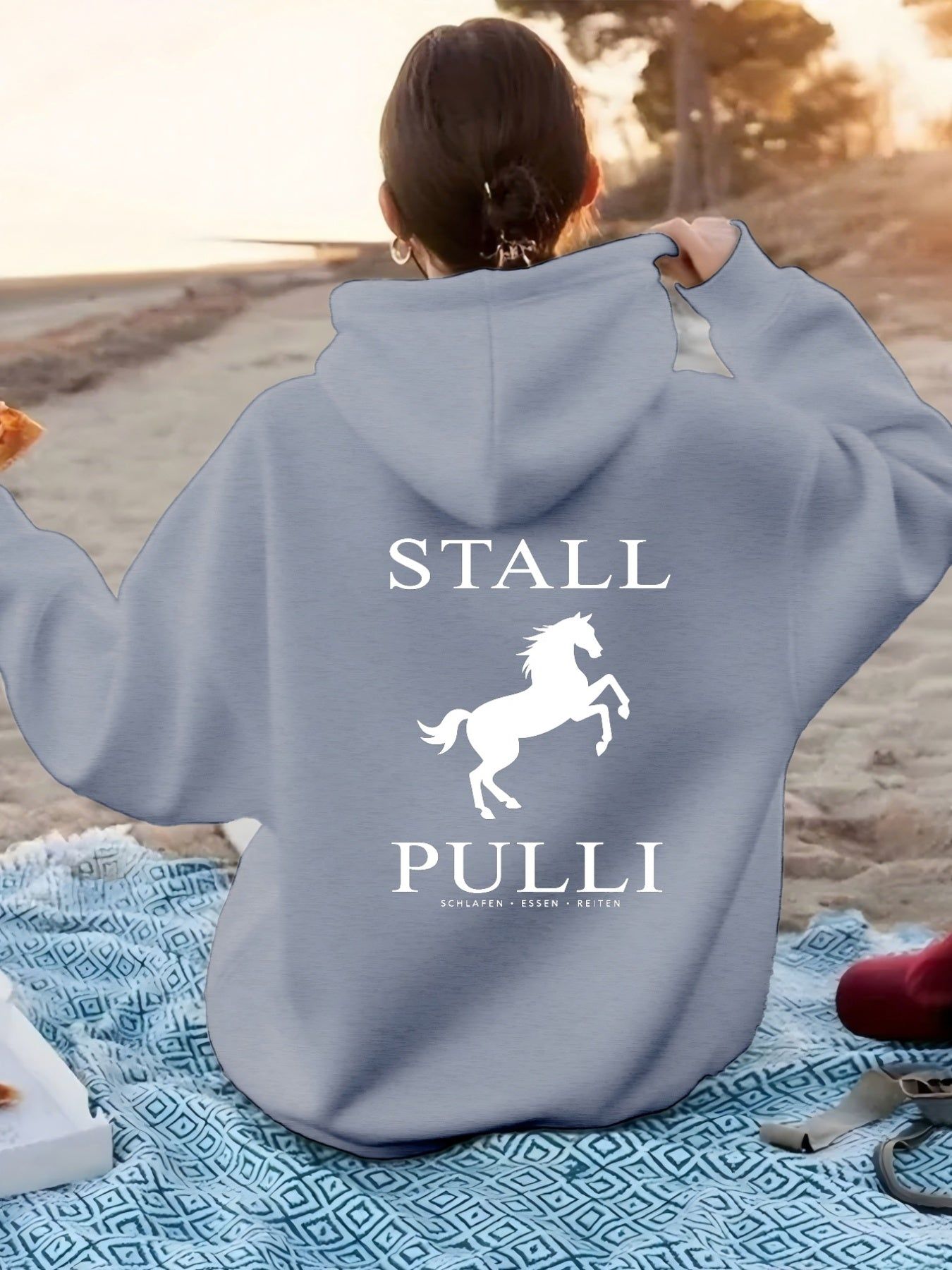 Equine Leap Pattern with "STALL PULLI" Text. Women'S Fashion Casual Athletic Hoodie, Back Print   OAXG Dark Green / XS
