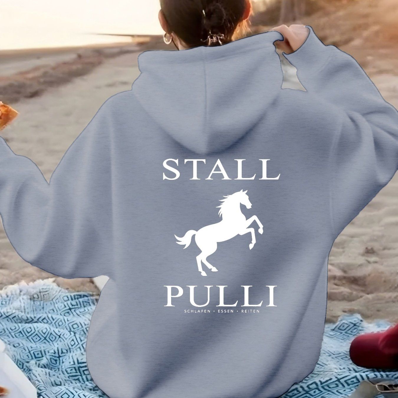 Equine Leap Pattern with "STALL PULLI" Text. Women'S Fashion Casual Athletic Hoodie, Back Print   OAXG Dark Green / XS