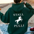 Equine Leap Pattern with "STALL PULLI" Text. Women'S Fashion Casual Athletic Hoodie, Back Print   OAXG Dark Green / XS
