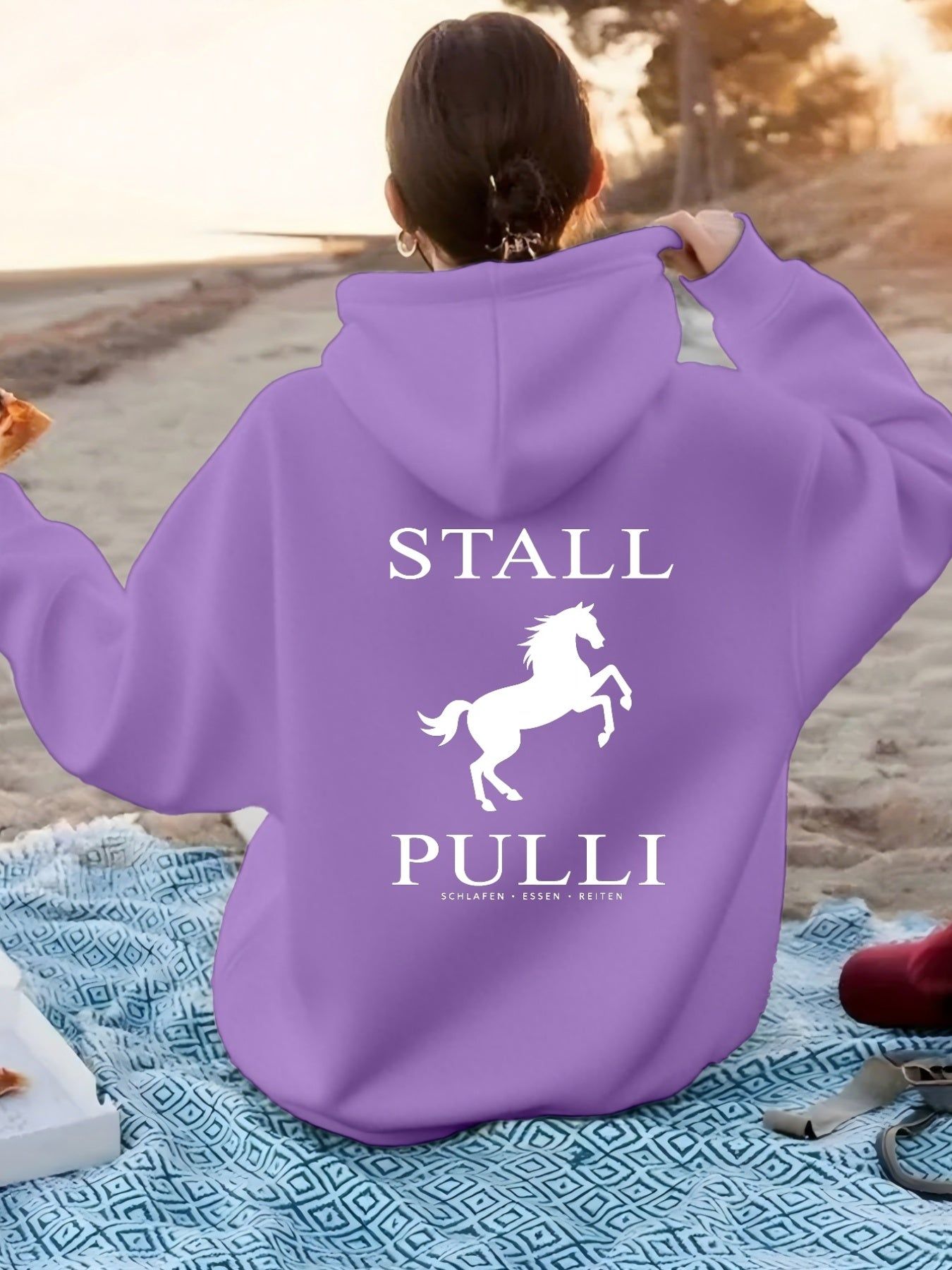 Equine Leap Pattern with "STALL PULLI" Text. Women'S Fashion Casual Athletic Hoodie, Back Print   OAXG Dark Green / XS