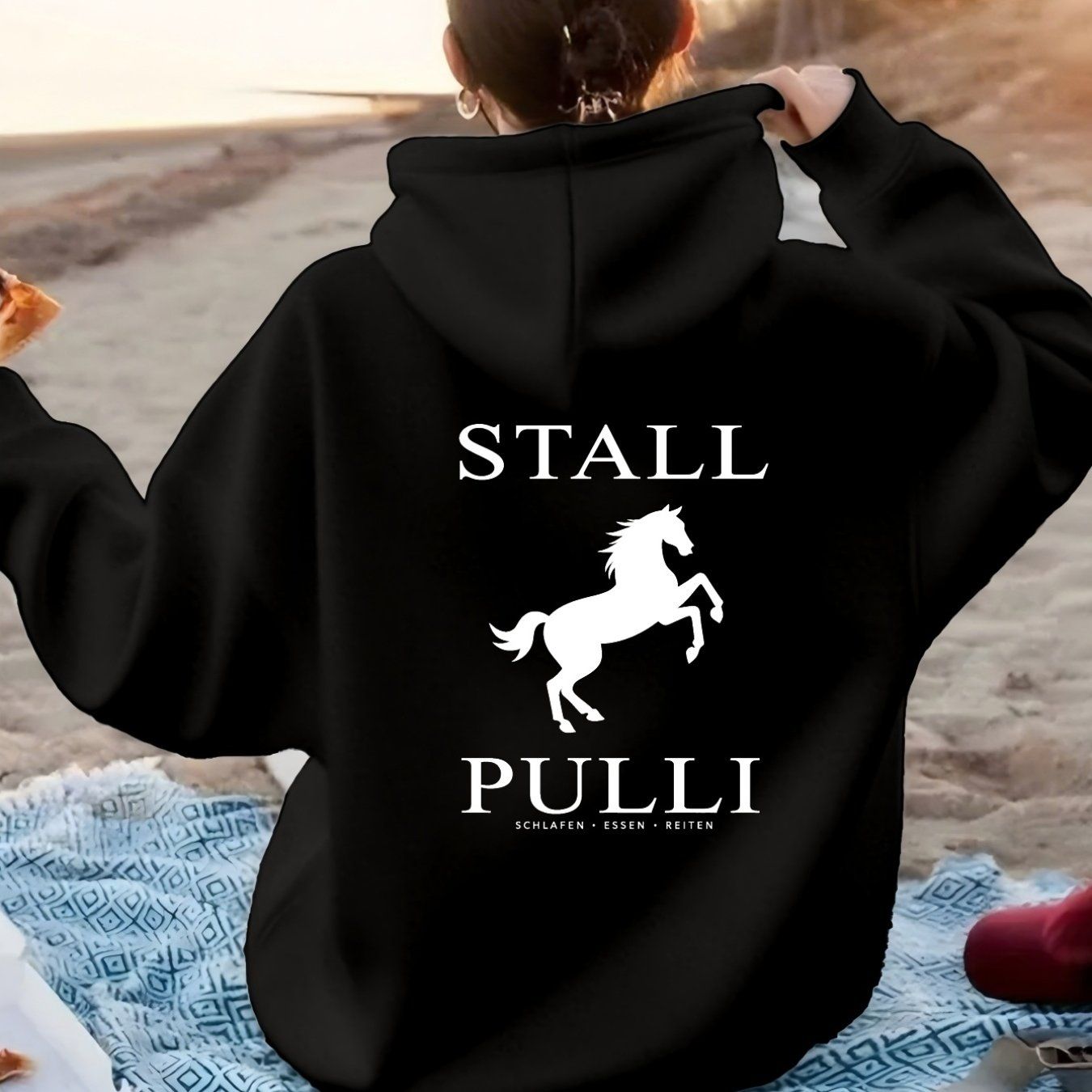 Equine Leap Pattern with "STALL PULLI" Text. Women'S Fashion Casual Athletic Hoodie, Back Print   OAXG Dark Green / XS