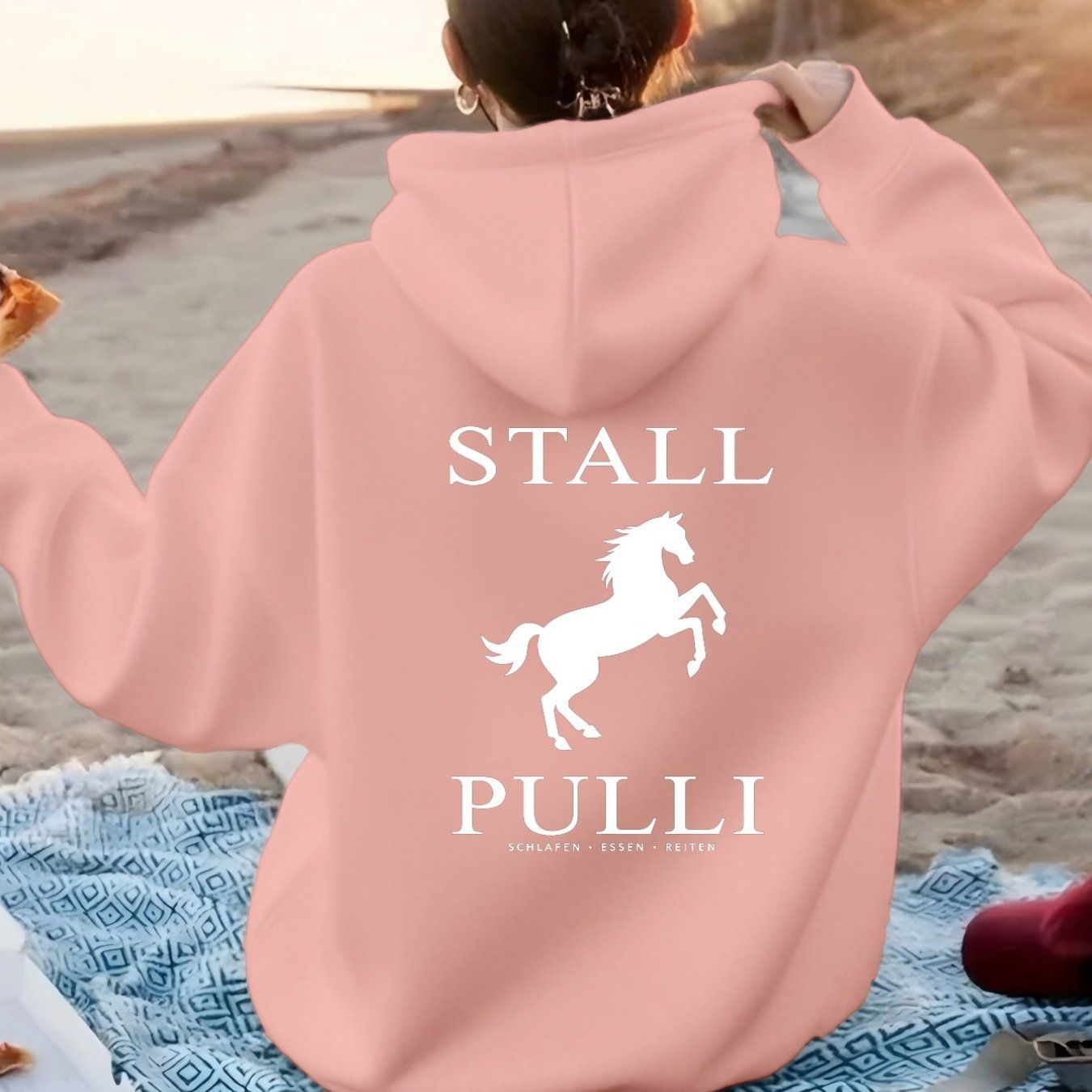 Equine Leap Pattern with "STALL PULLI" Text. Women'S Fashion Casual Athletic Hoodie, Back Print   OAXG Dark Green / XS