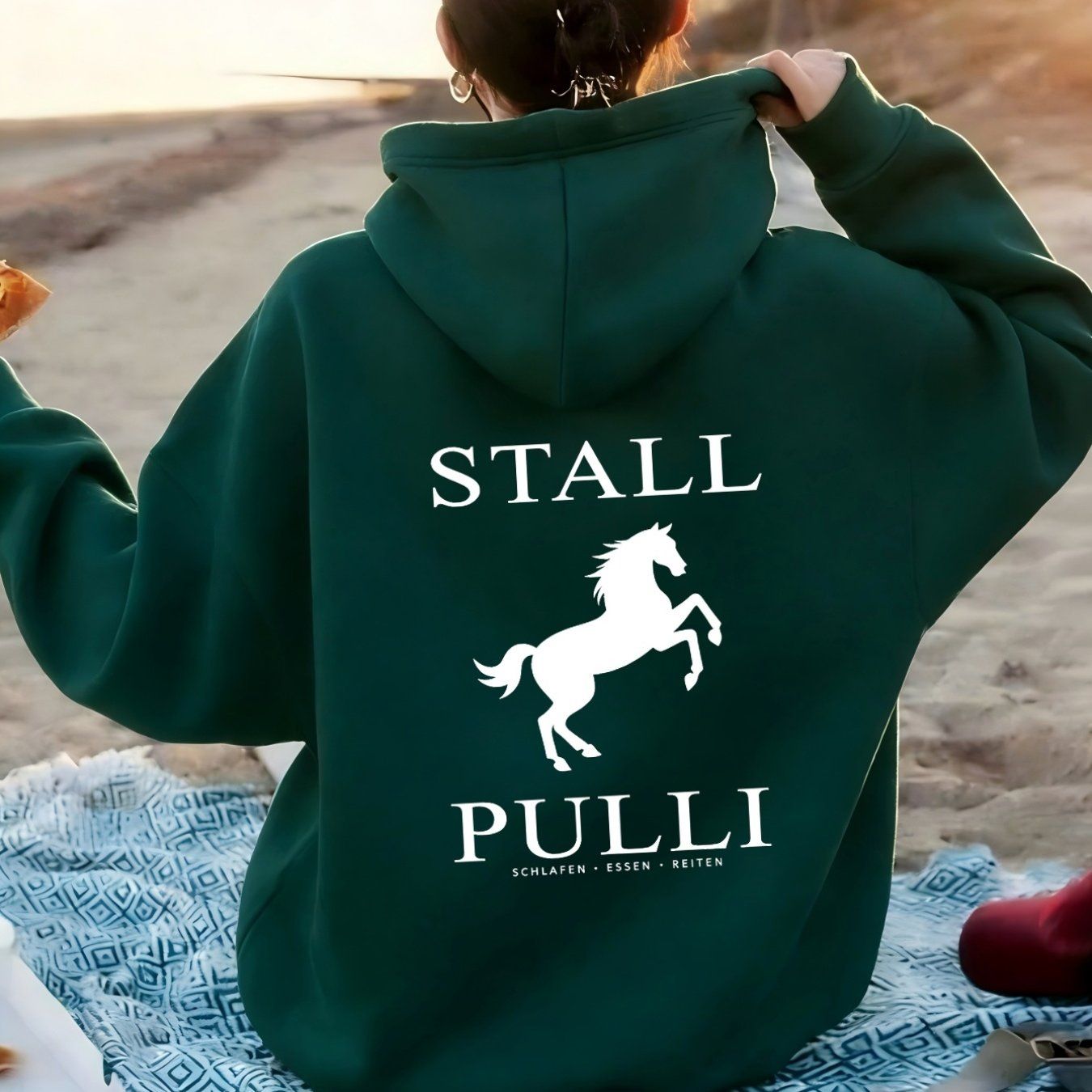 Equine Leap Pattern with "STALL PULLI" Text. Women'S Fashion Casual Athletic Hoodie, Back Print   OAXG Dark Green / XS