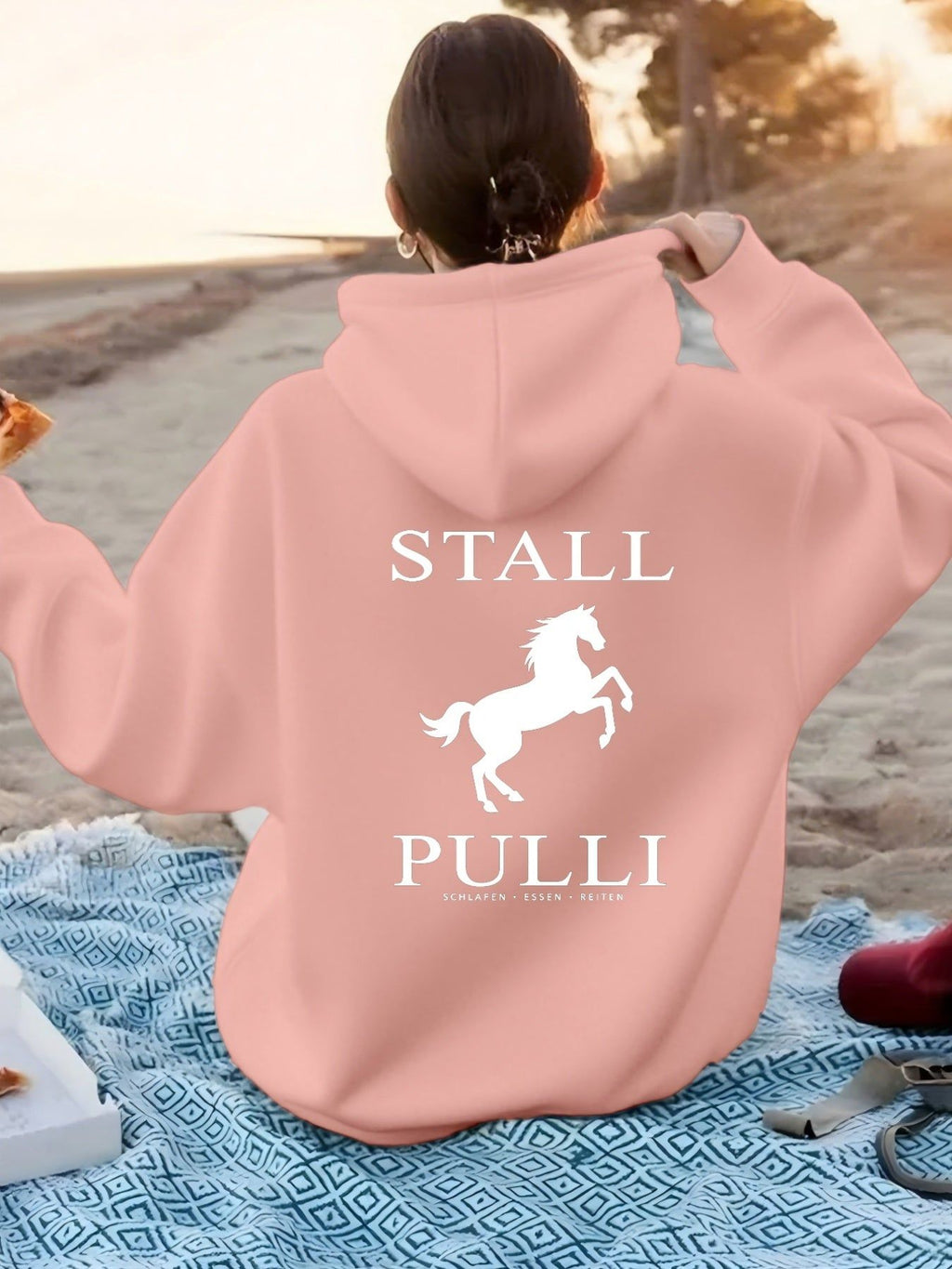 Equine Leap Pattern with "STALL PULLI" Text. Women'S Fashion Casual Athletic Hoodie, Back Print   OAXG Dark Green / XS