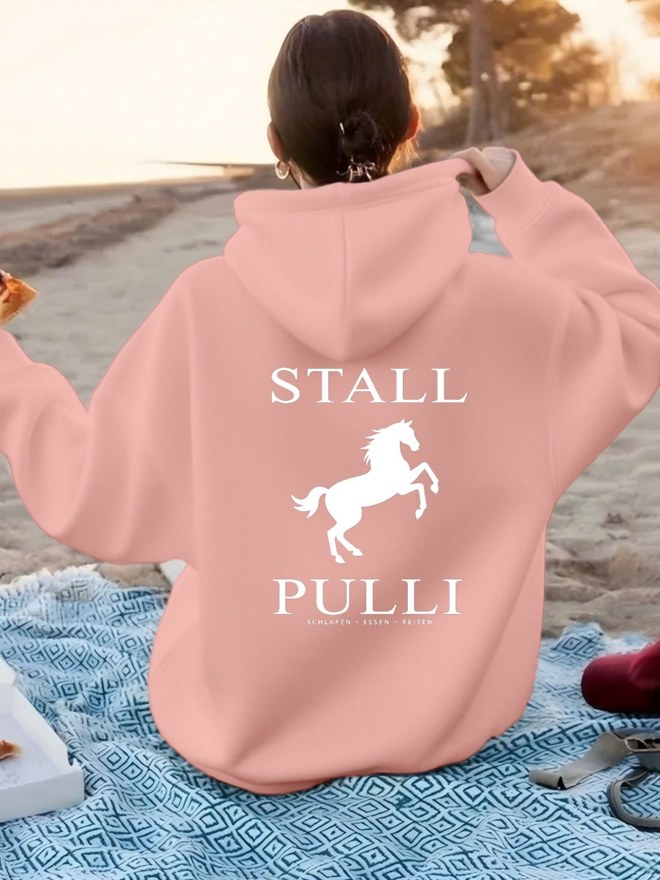 Equine Leap Pattern with "STALL PULLI" Text. Women'S Fashion Casual Athletic Hoodie, Back Print   OAXG Dark Green / XS
