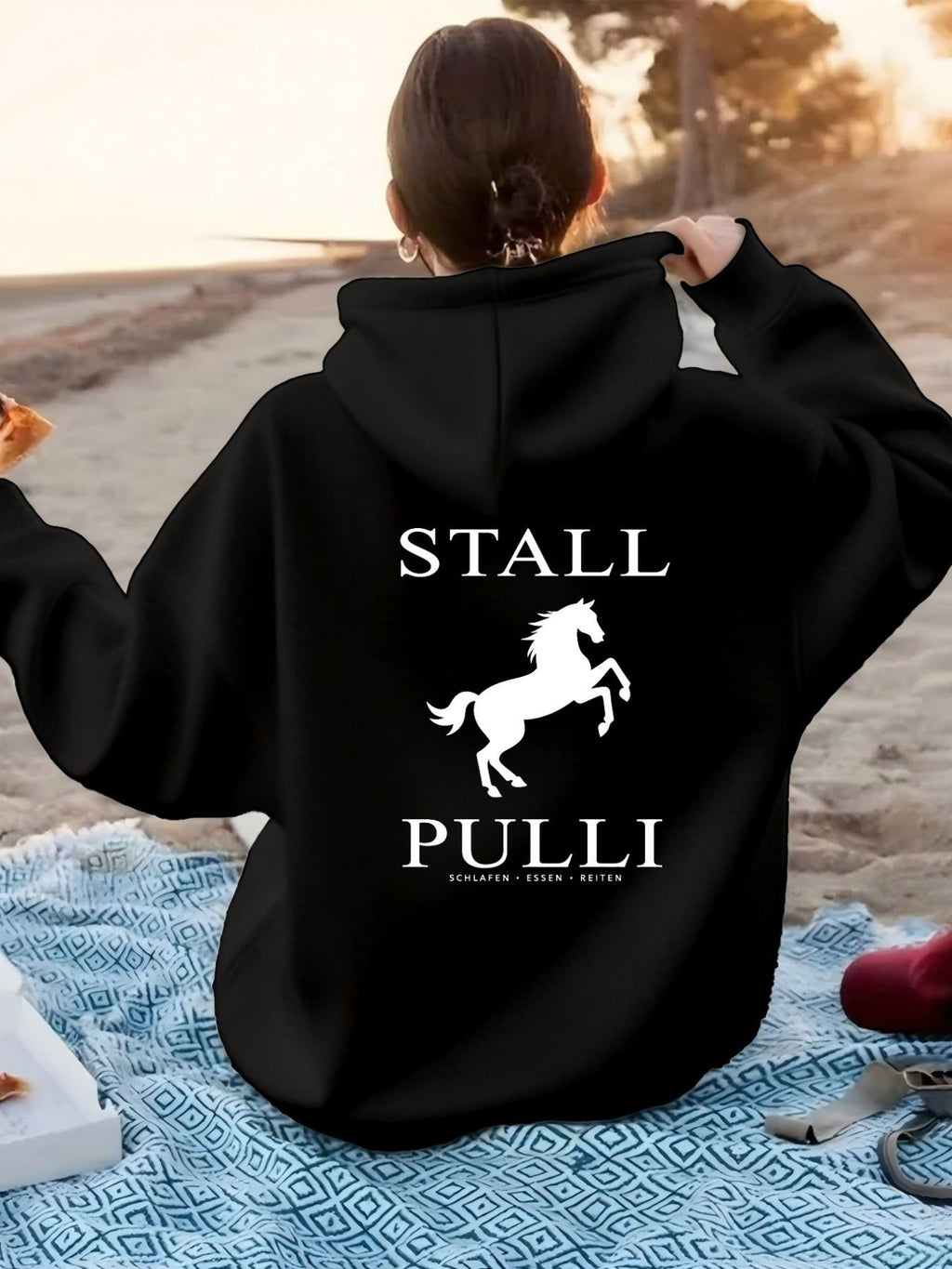 Equine Leap Pattern with "STALL PULLI" Text. Women'S Fashion Casual Athletic Hoodie, Back Print   OAXG Dark Green / XS