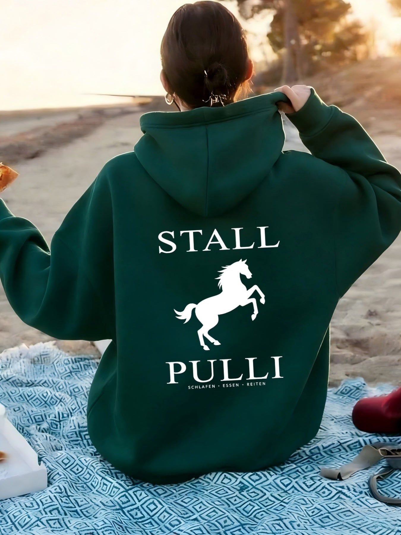 Equine Leap Pattern with "STALL PULLI" Text. Women'S Fashion Casual Athletic Hoodie, Back Print   OAXG Dark Green / XS
