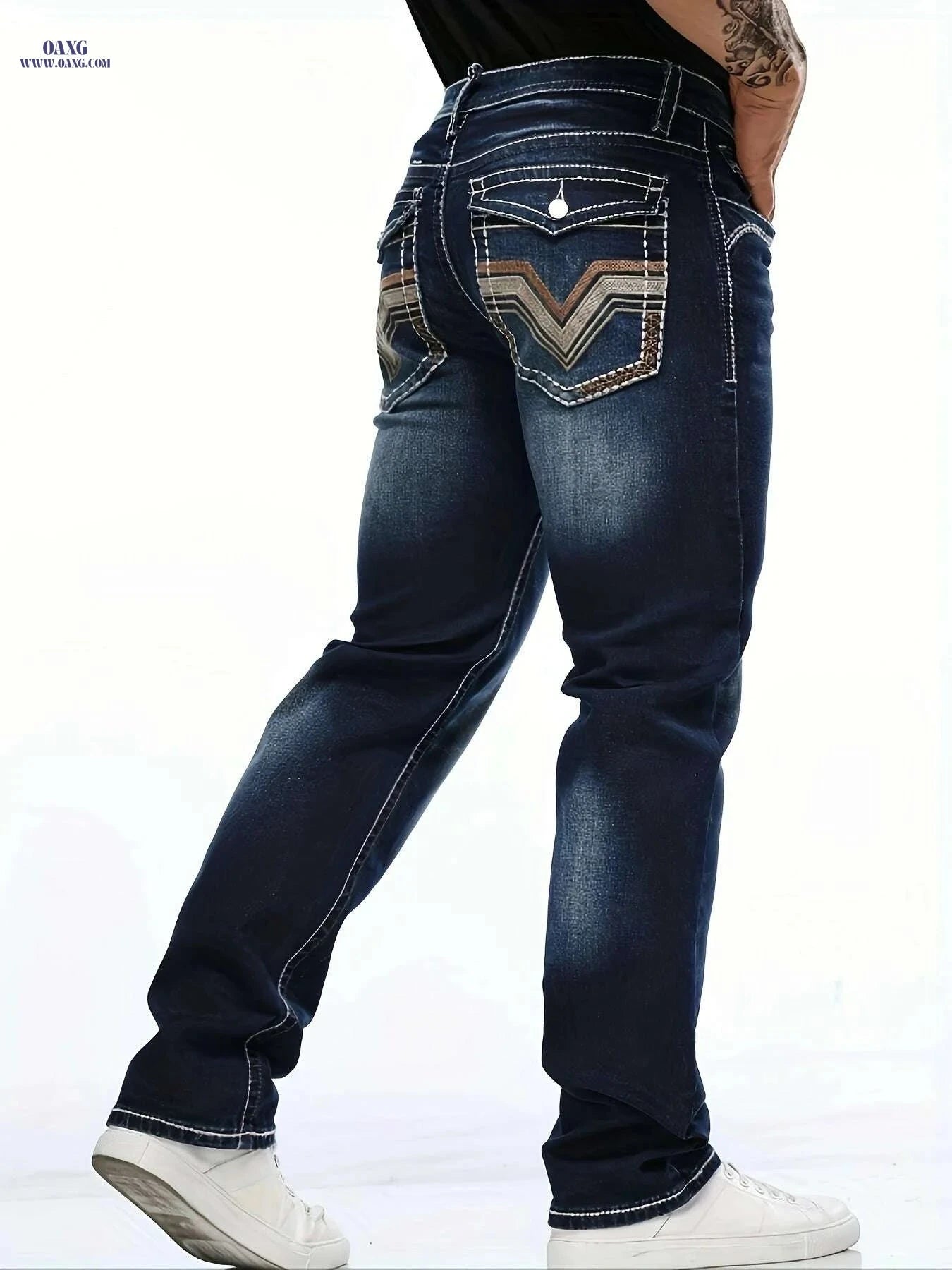 ESDVQ Men's Classic Slim-Fit Jeans - Stylish Embroidery, All-Season Comfort   OAXG Navy Blue / S