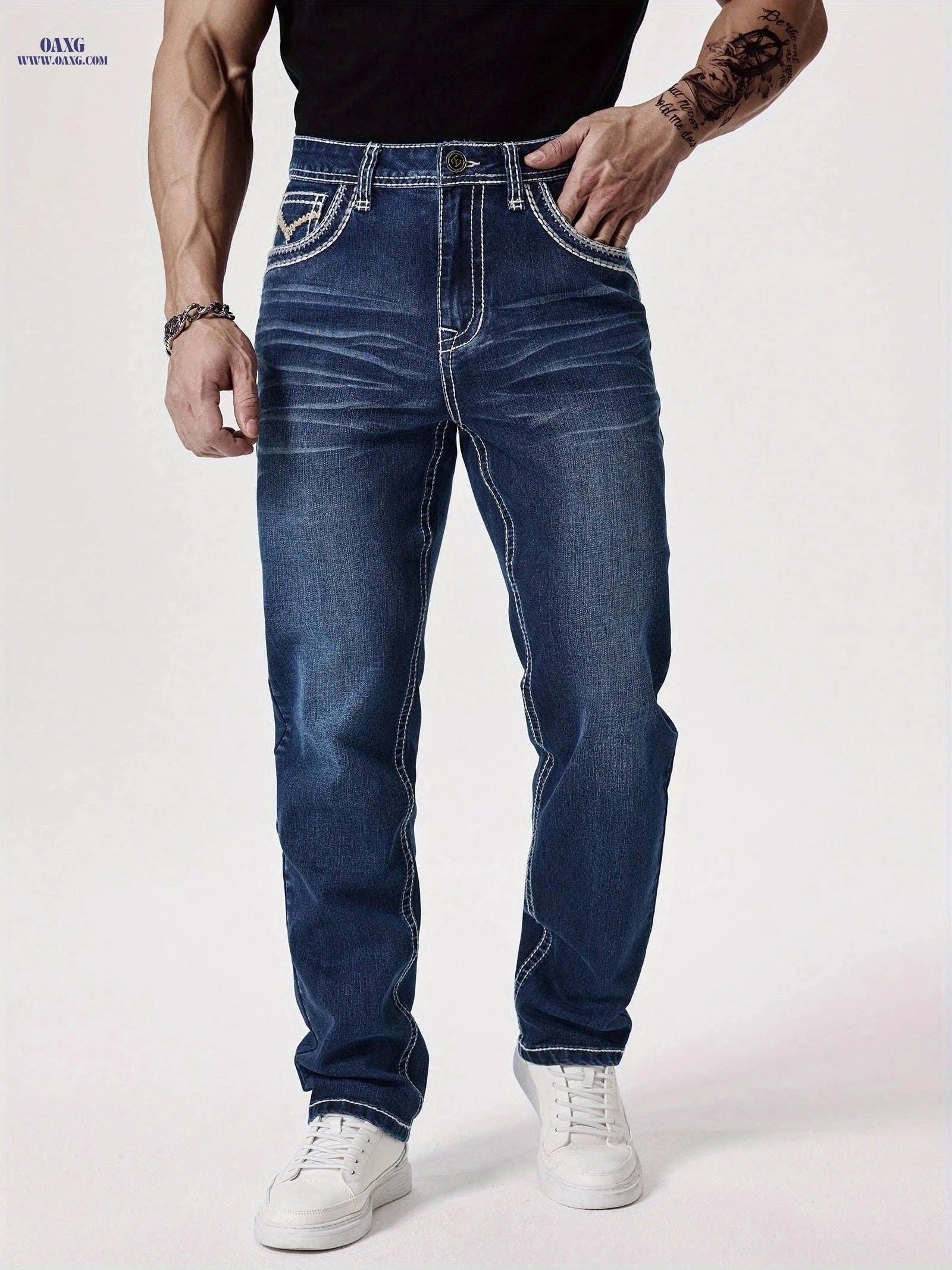 ESDVQ Men's Elastic Washed Denim Jeans with Embroidered Pockets   OAXG 