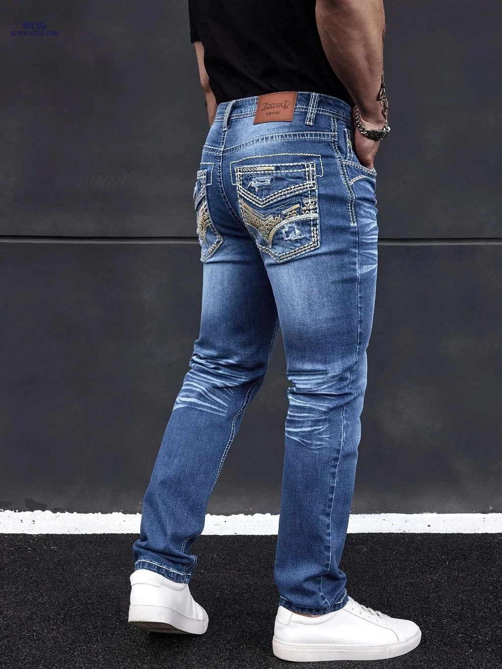 ESDVQ Men's Elastic Washed Denim Jeans with Embroidered Pockets   OAXG 