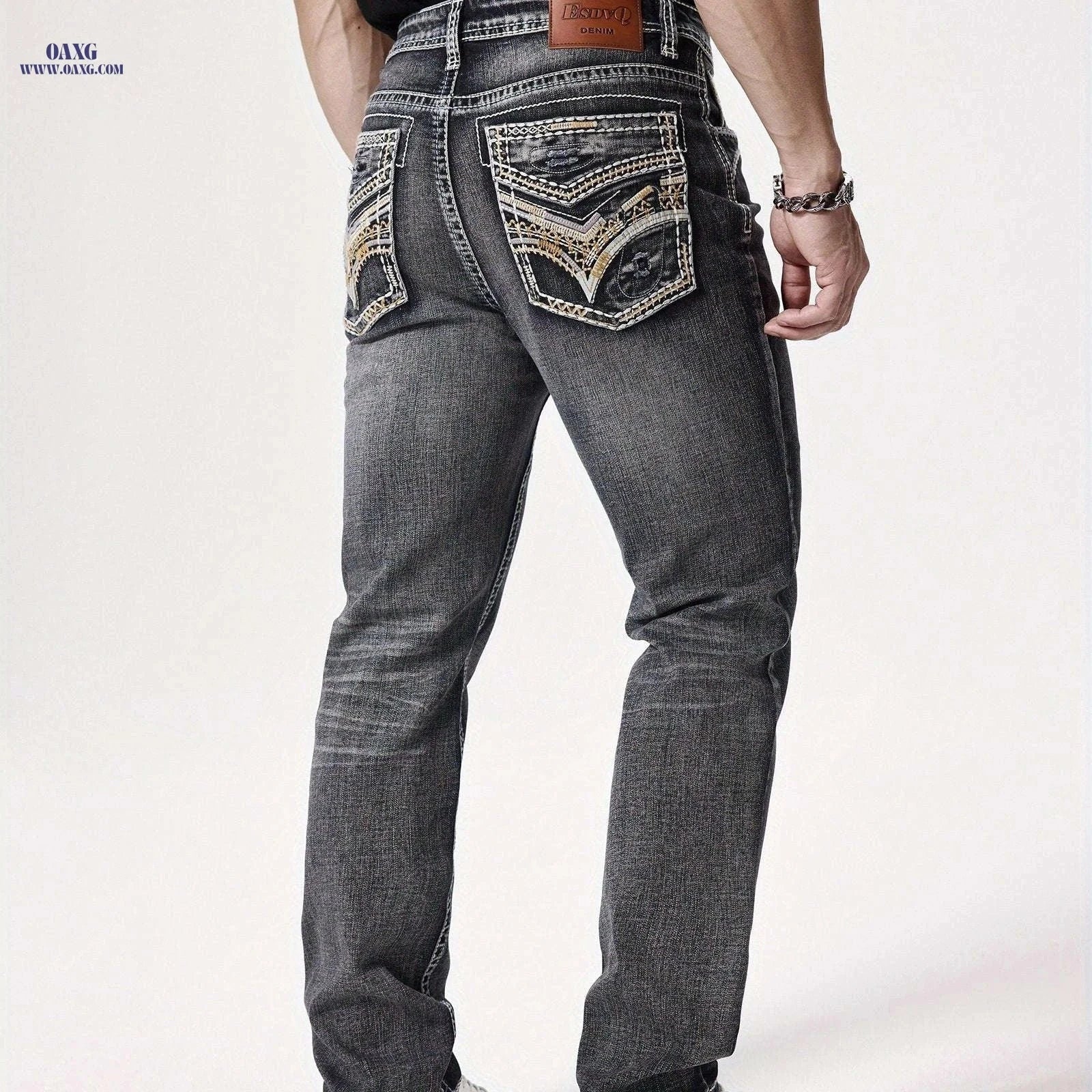 ESDVQ Men's Elastic Washed Denim Jeans with Embroidered Pockets   OAXG 