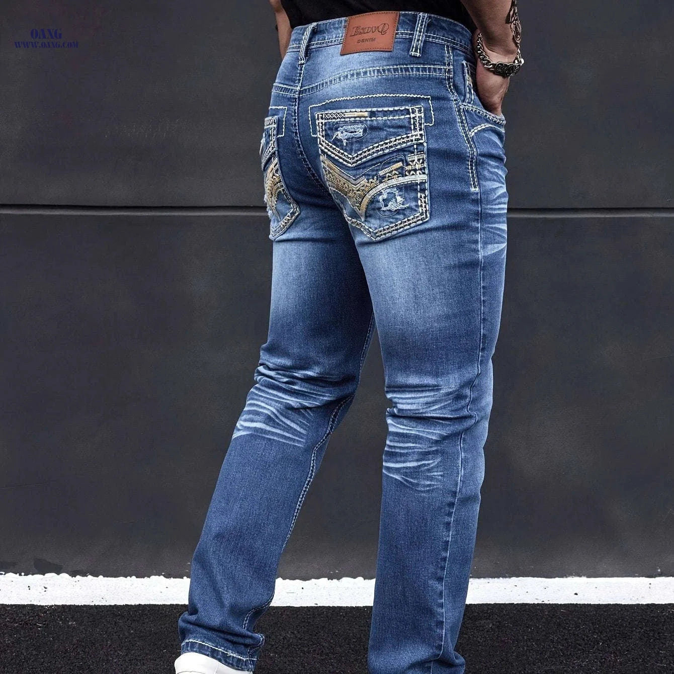 ESDVQ Men's Elastic Washed Denim Jeans with Embroidered Pockets   OAXG Blue / FR S