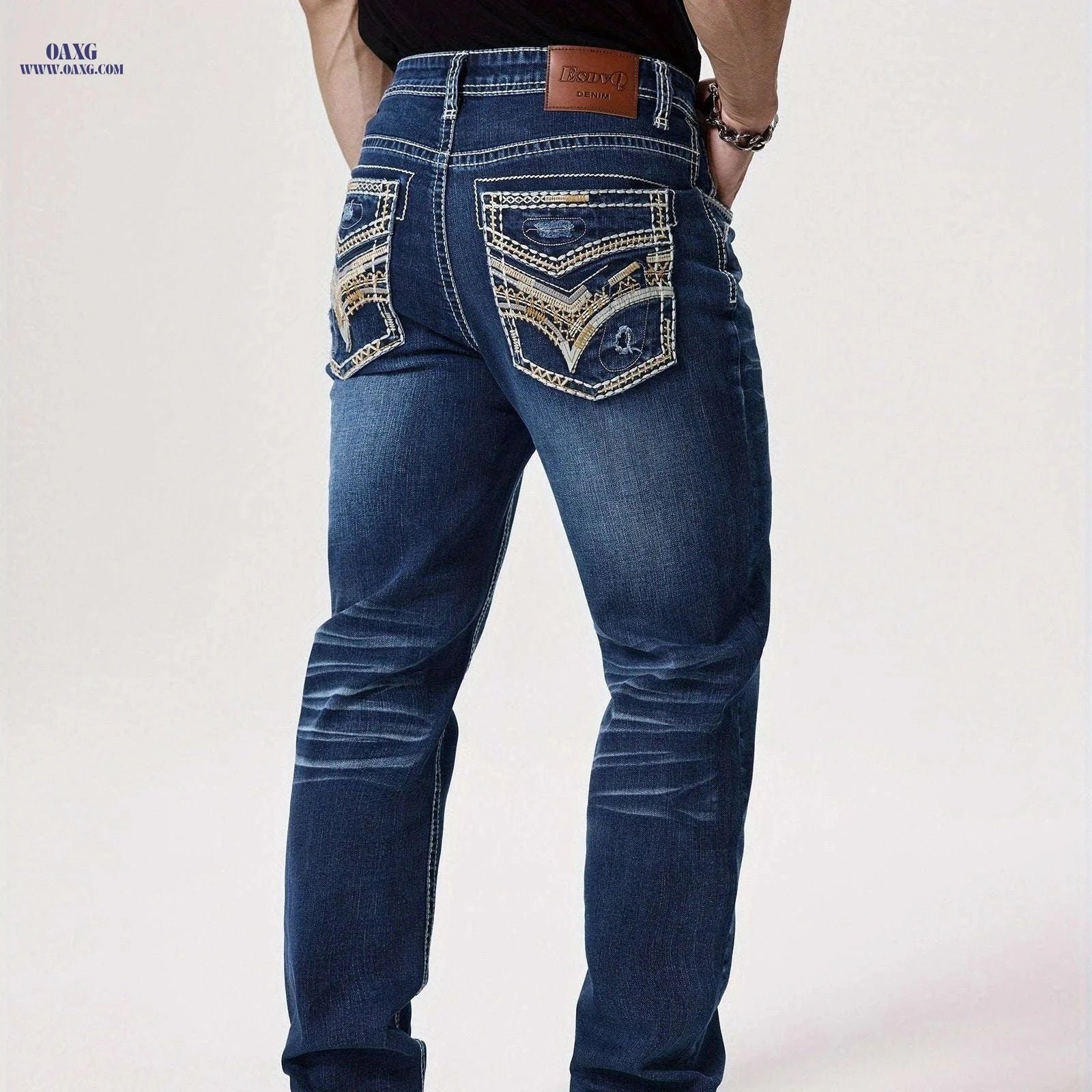 ESDVQ Men's Elastic Washed Denim Jeans with Embroidered Pockets   OAXG Blue / FR S