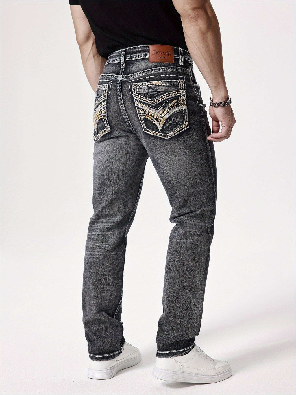 ESDVQ Men's Elastic Washed Denim Jeans with Embroidered Pockets   OAXG Blue / FR S
