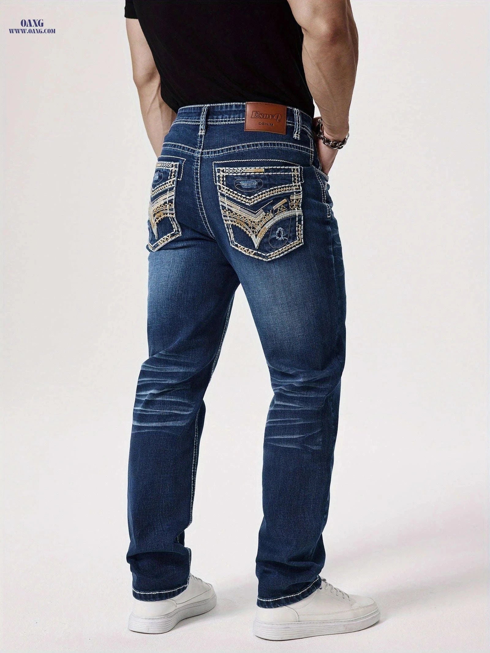 ESDVQ Men's Elastic Washed Denim Jeans with Embroidered Pockets   OAXG Blue / FR S