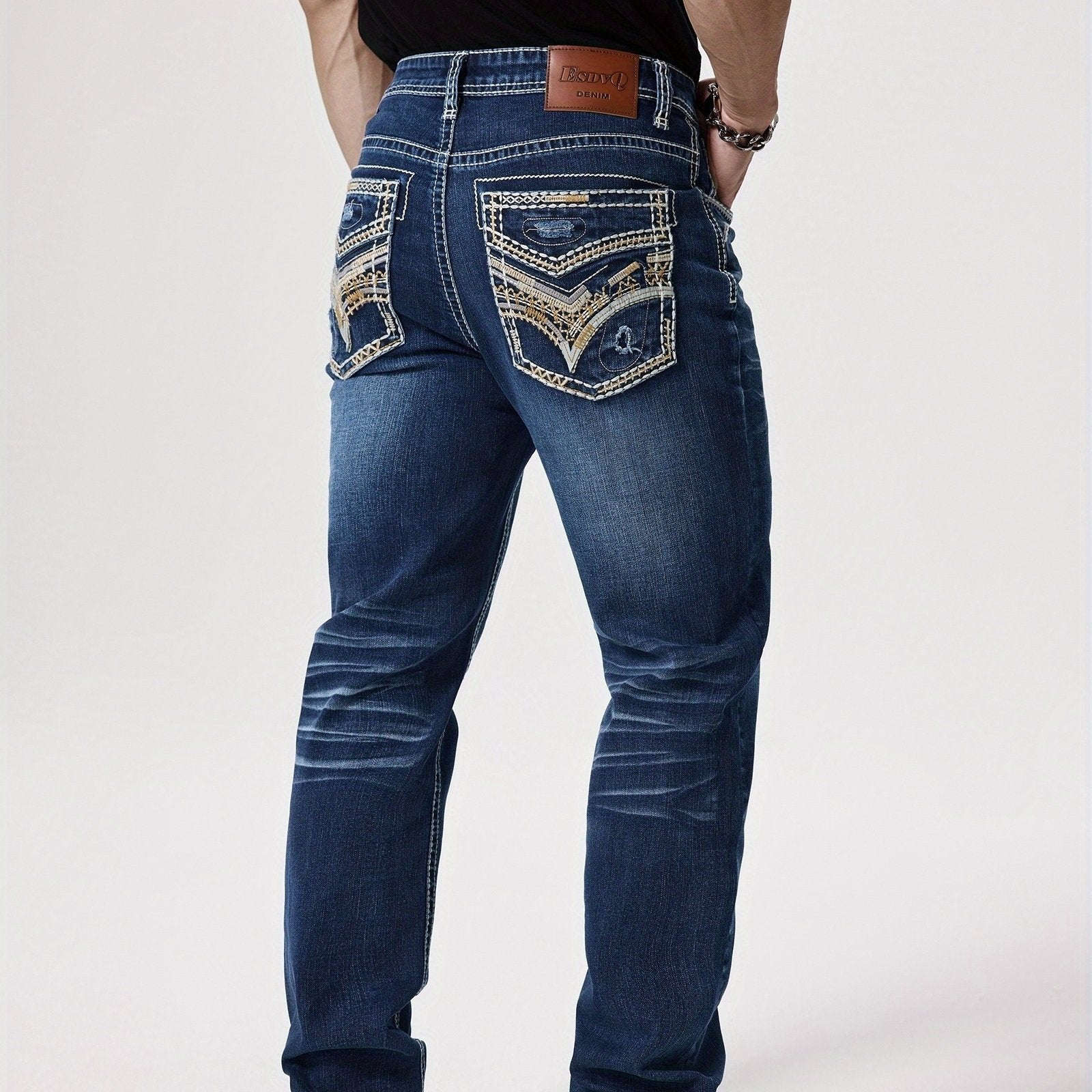 ESDVQ Men's Elastic Washed Denim Jeans with Embroidered Pockets   OAXG Blue / FR S