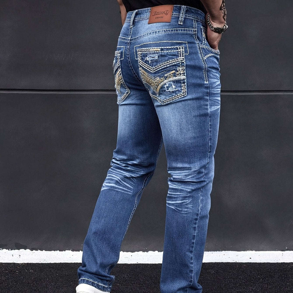 ESDVQ Men's Elastic Washed Denim Jeans with Embroidered Pockets   OAXG 