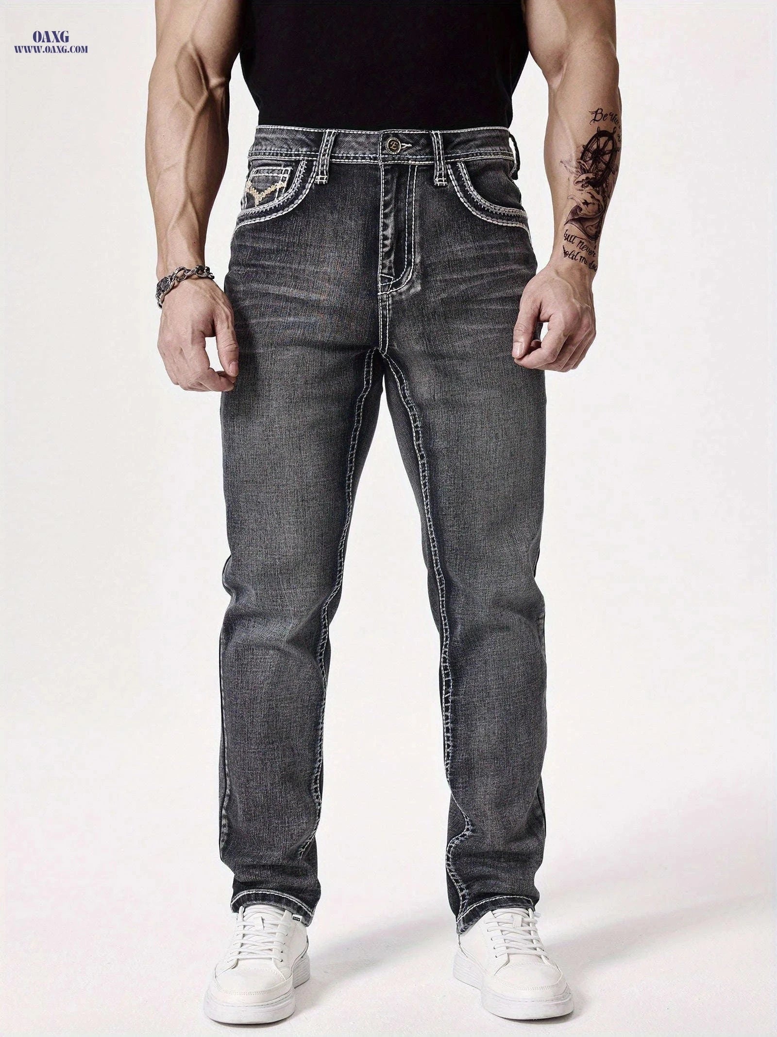 ESDVQ Men's Elastic Washed Denim Jeans with Embroidered Pockets   OAXG 