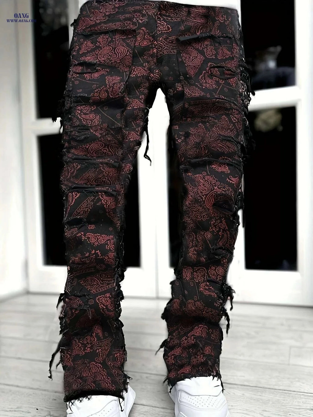 ESDVQ Men's Red Loose Fit Jeans - Frayed Hem & Paisley Print   OAXG 