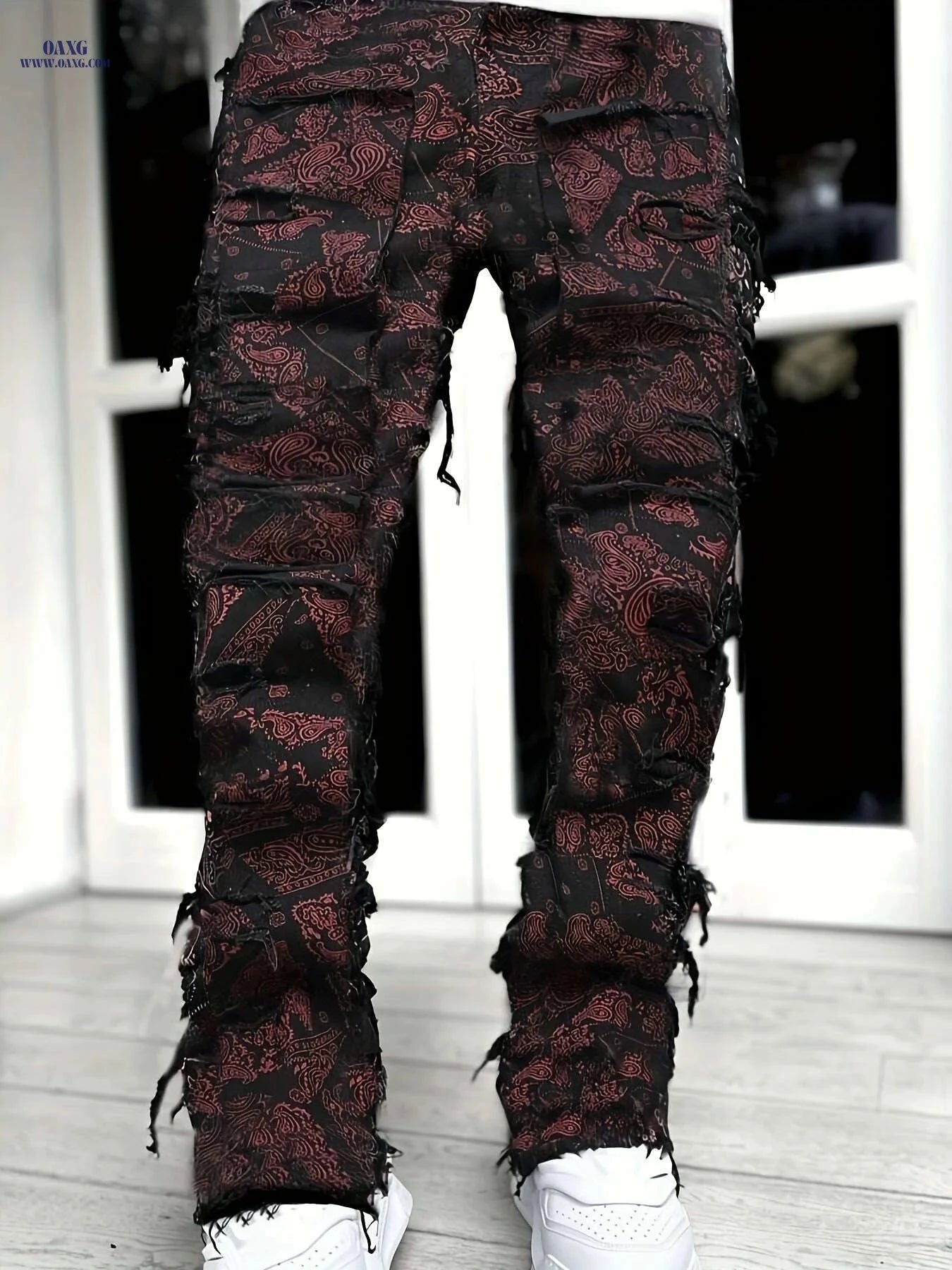 ESDVQ Men's Red Loose Fit Jeans - Frayed Hem & Paisley Print   OAXG 