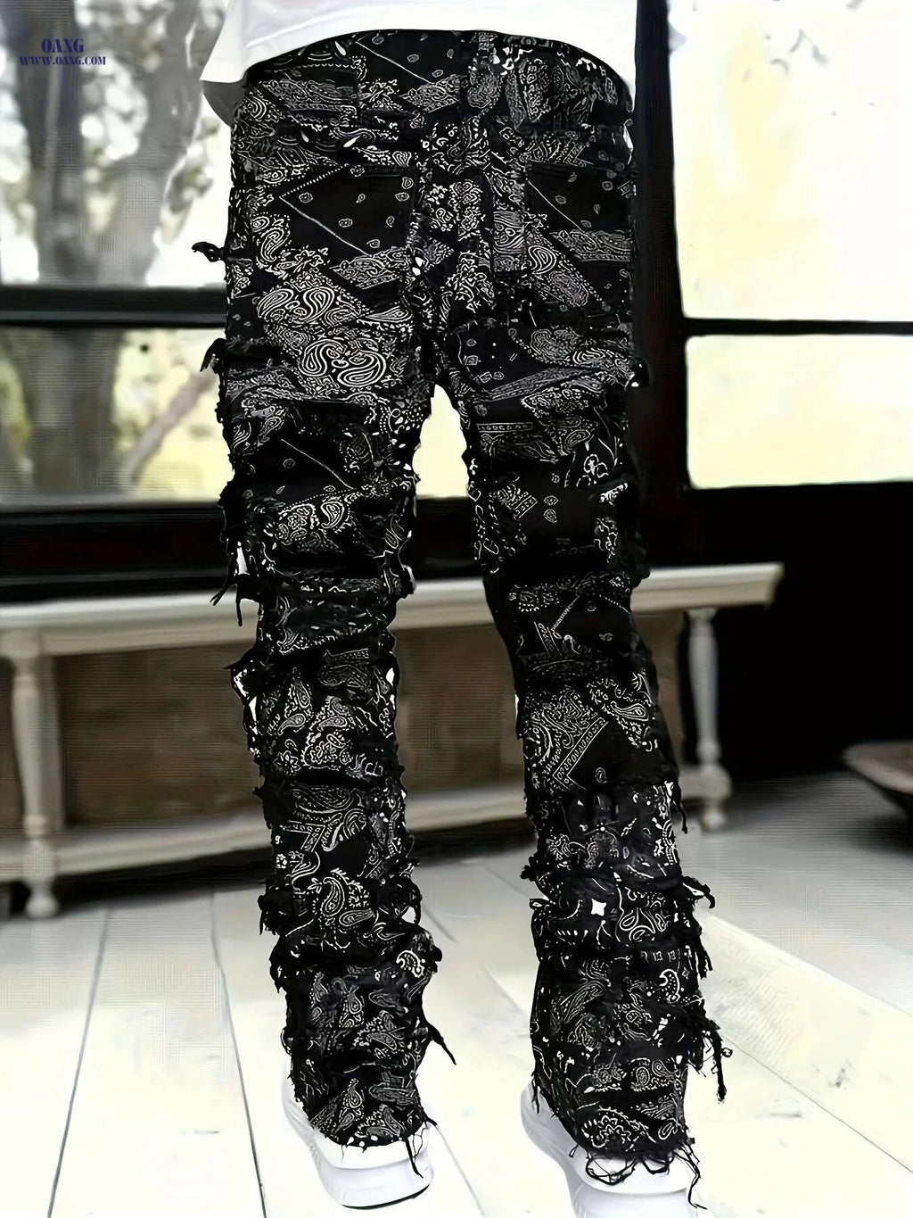 ESDVQ Men's Red Loose Fit Jeans - Frayed Hem & Paisley Print   OAXG Black / S
