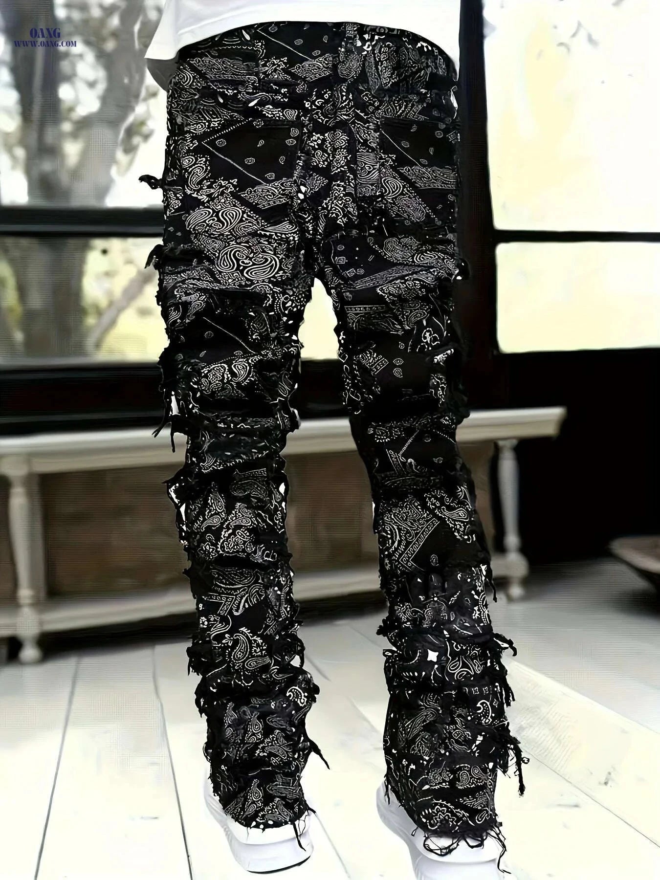 ESDVQ Men's Red Loose Fit Jeans - Frayed Hem & Paisley Print   OAXG Black / S