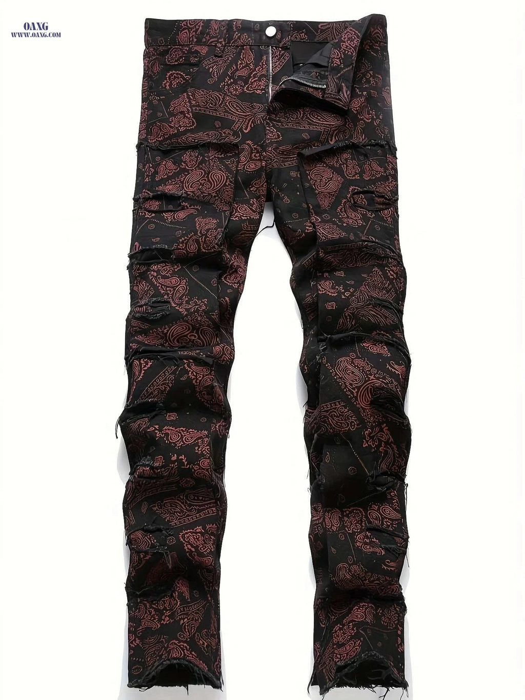 ESDVQ Men's Red Loose Fit Jeans - Frayed Hem & Paisley Print   OAXG Black / S
