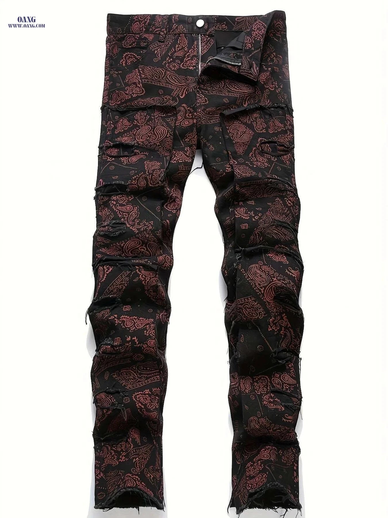 ESDVQ Men's Red Loose Fit Jeans - Frayed Hem & Paisley Print   OAXG Black / S