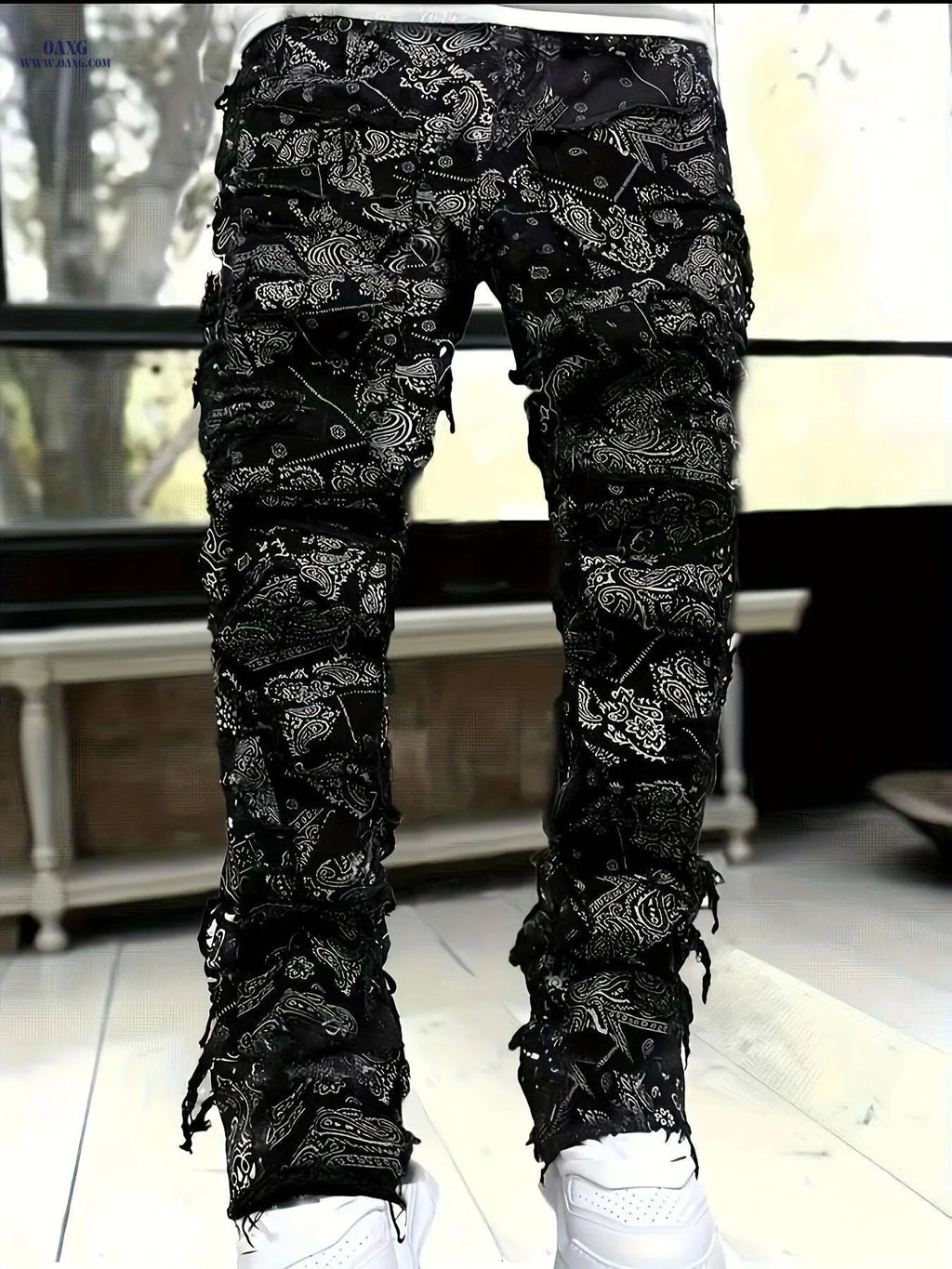 ESDVQ Men's Red Loose Fit Jeans - Frayed Hem & Paisley Print   OAXG Black / S