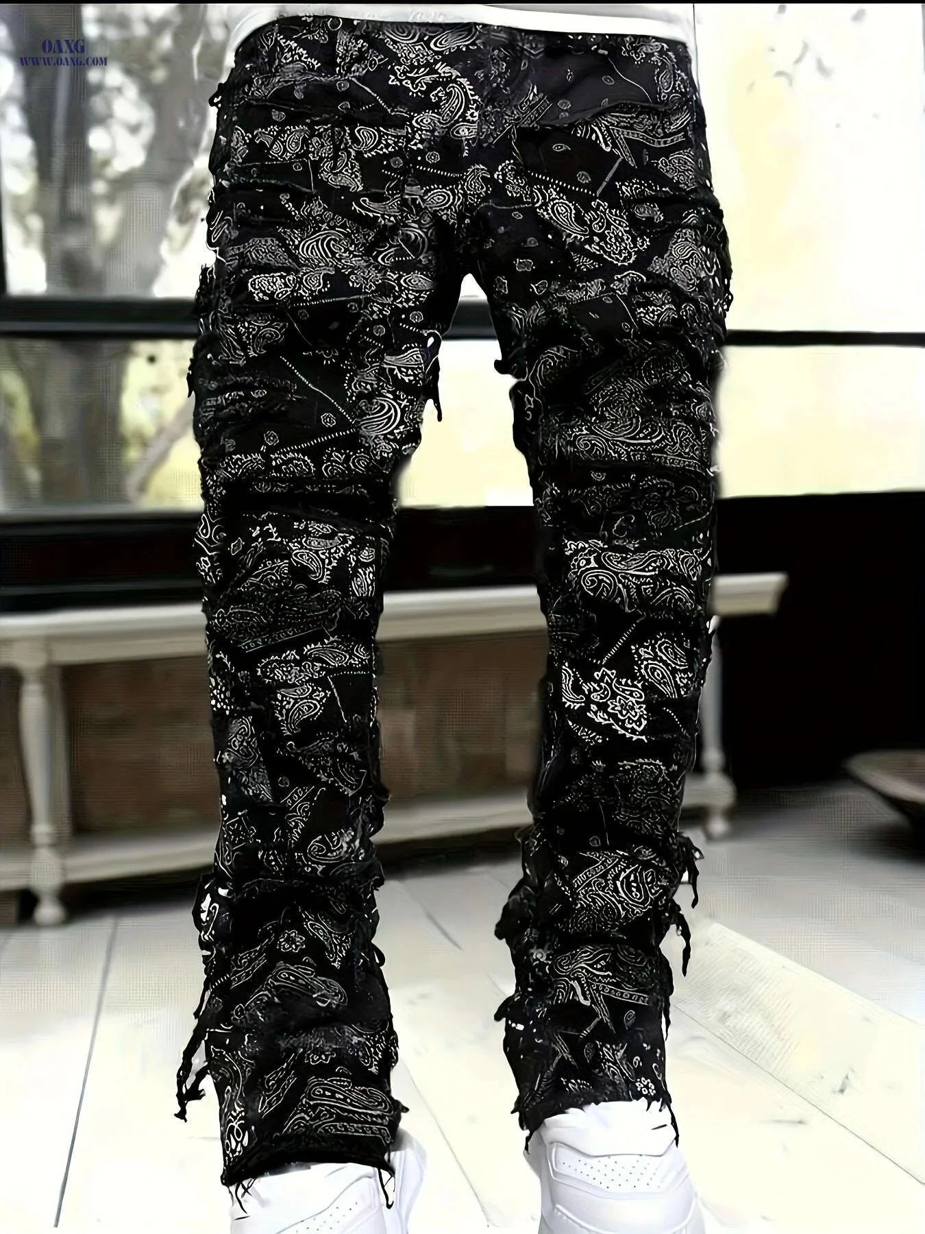 ESDVQ Men's Red Loose Fit Jeans - Frayed Hem & Paisley Print   OAXG Black / S