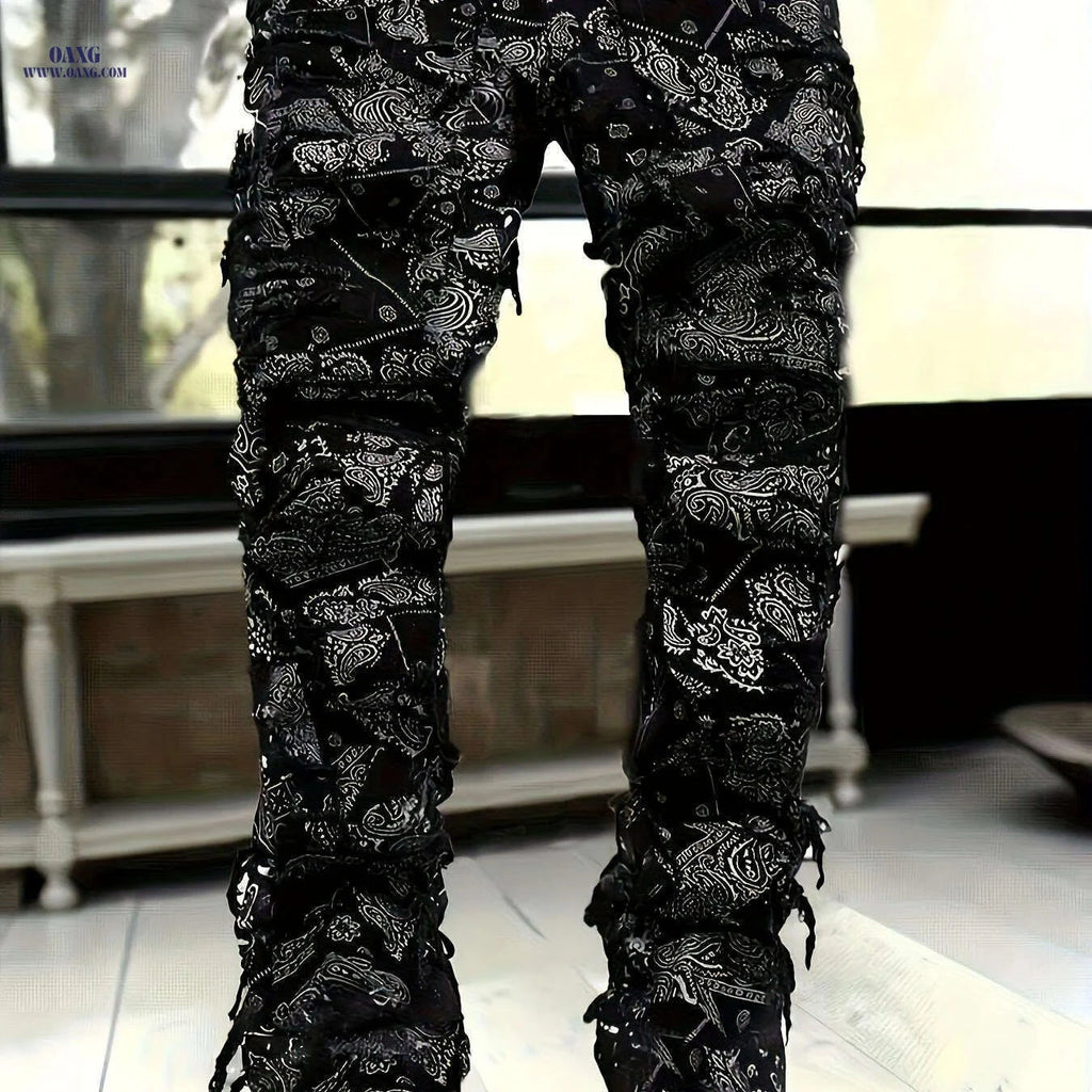 ESDVQ Men's Red Loose Fit Jeans - Frayed Hem & Paisley Print   OAXG Black / S