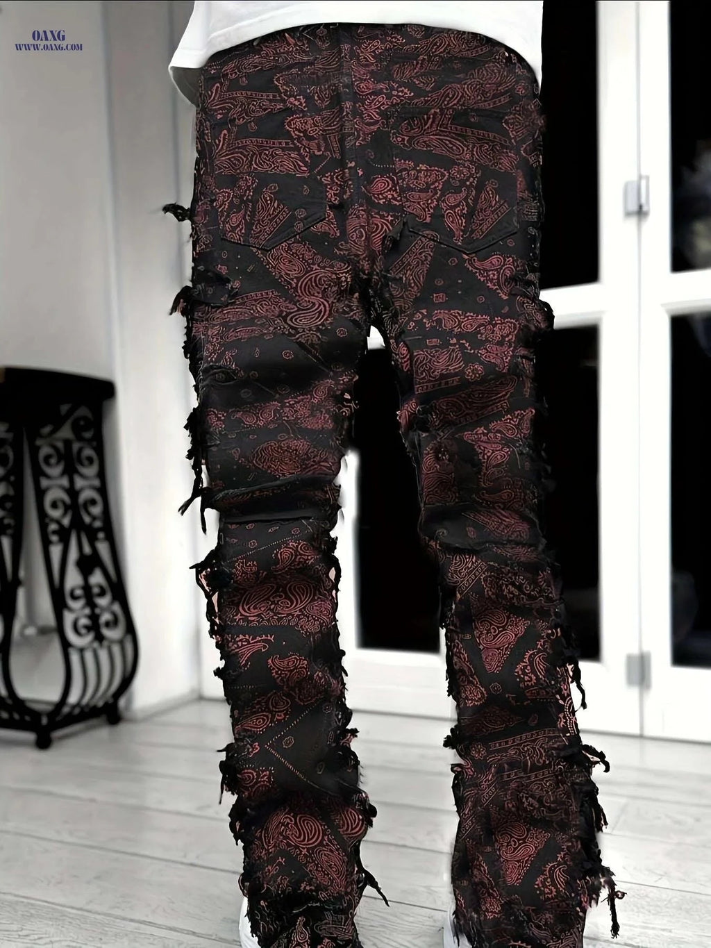 ESDVQ Men's Red Loose Fit Jeans - Frayed Hem & Paisley Print   OAXG Black / S