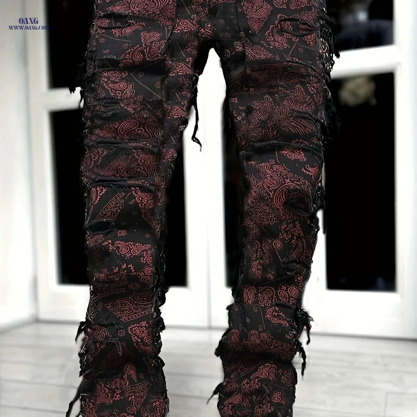 ESDVQ Men's Red Loose Fit Jeans - Frayed Hem & Paisley Print   OAXG Black / S