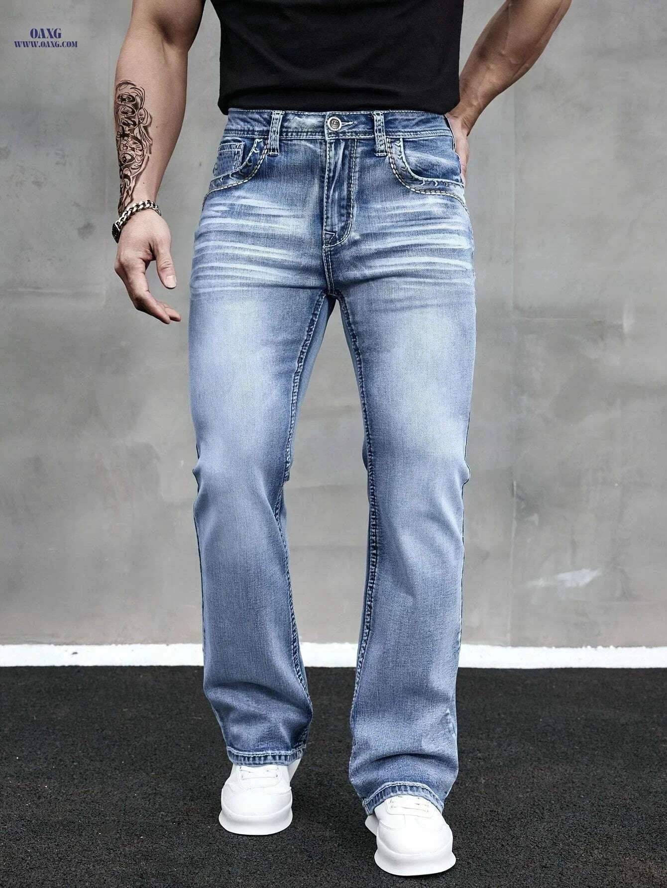 ESDVQ Men's Slim-Fit Flared Jeans - Comfortable Embroidered Denim   OAXG 