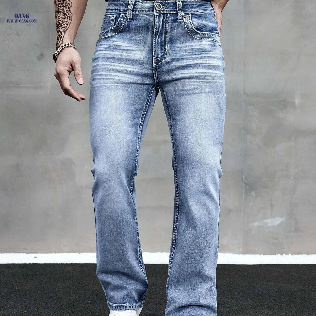 ESDVQ Men's Slim-Fit Flared Jeans - Comfortable Embroidered Denim   OAXG 